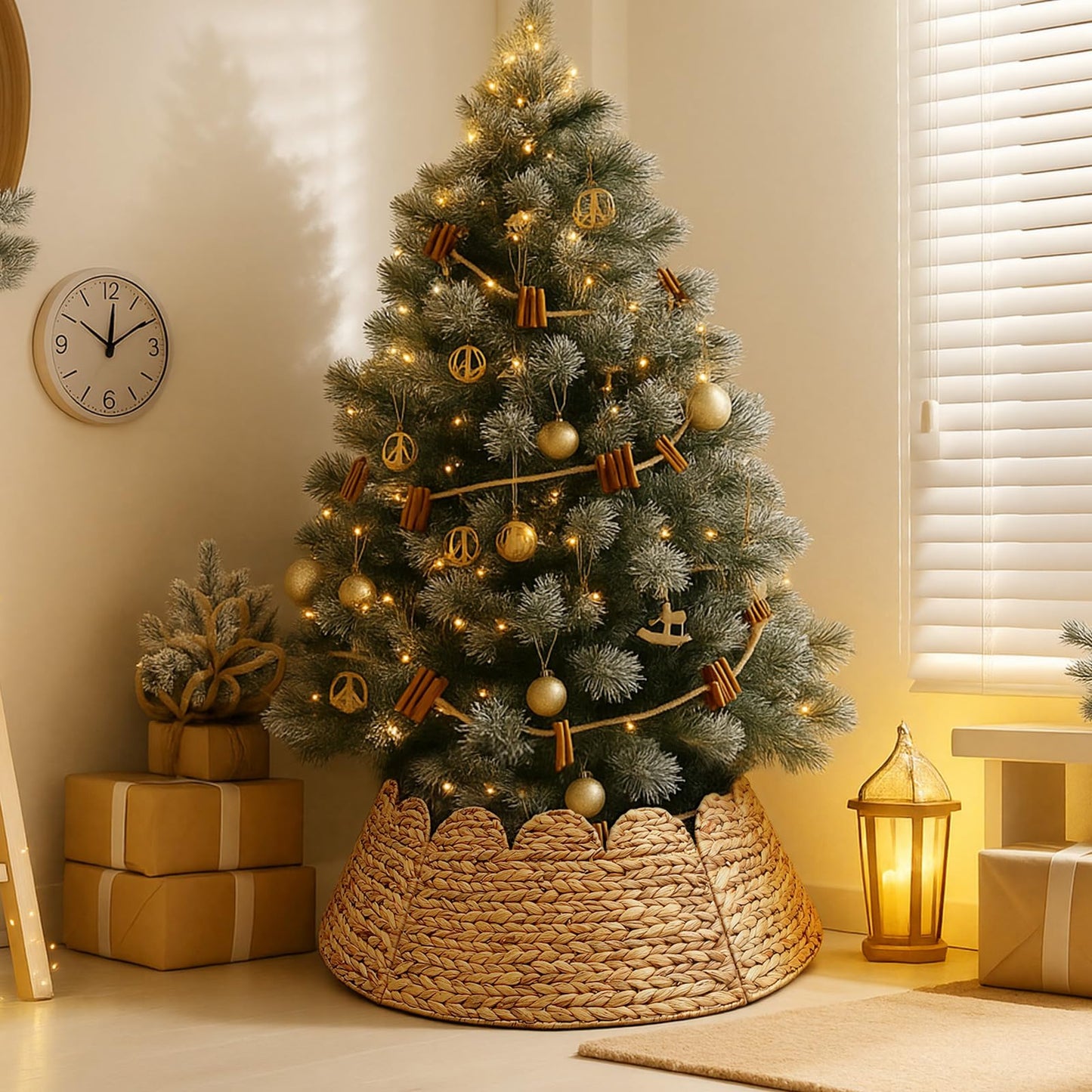 Cinnvoice Woven Rattan Scalloped Christmas Tree Collar 24 Inch Natural Ring Rustic Farmhouse Water Hyacinth Base Cover Skirt for 4-6 ft Xmas Tree Holiday House Decoration