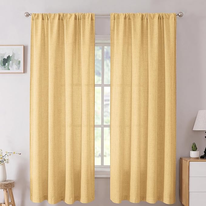 Tollpiz Short Linen Curtains Bedroom Rod Pocket Semi Sheer Curtain Burlap Light Filtering Thick Linen Drapes for Living Room, 38 x 45 inches Long, Beige, Set of 2 Panels