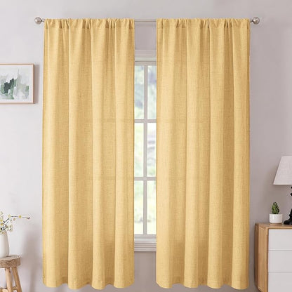 Tollpiz Short Linen Curtains Bedroom Rod Pocket Semi Sheer Curtain Burlap Light Filtering Thick Linen Drapes for Living Room, 38 x 45 inches Long, Beige, Set of 2 Panels