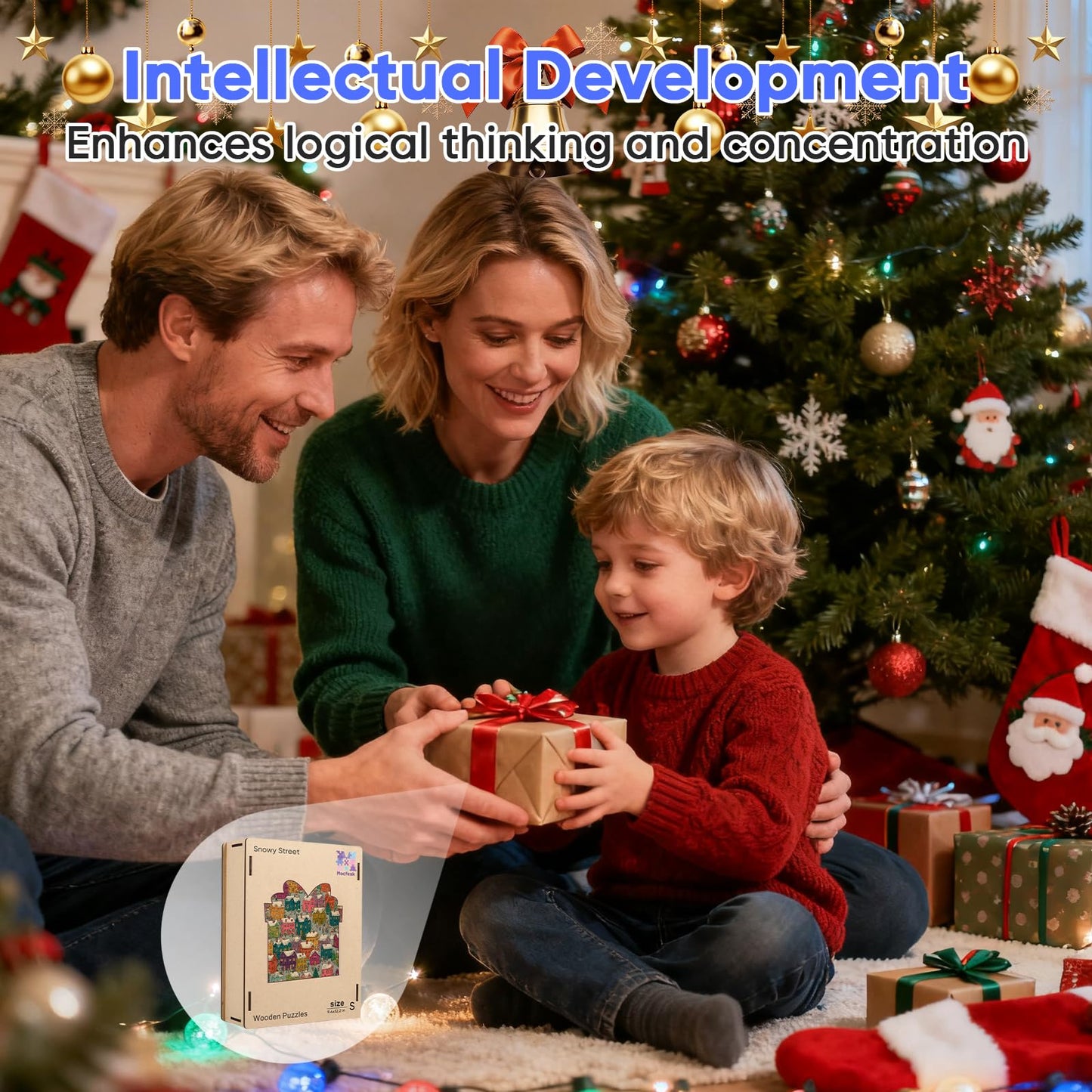 Mocfesk Winter Wooden Puzzles for Adults and Kids, 205 Pieces Holiday Snow Building Jigsaw Puzzles, Unique Shaped Christmas Wood Puzzles Gifts for Grandkids, Family Game Home Decor 9.4'' x 12.2''