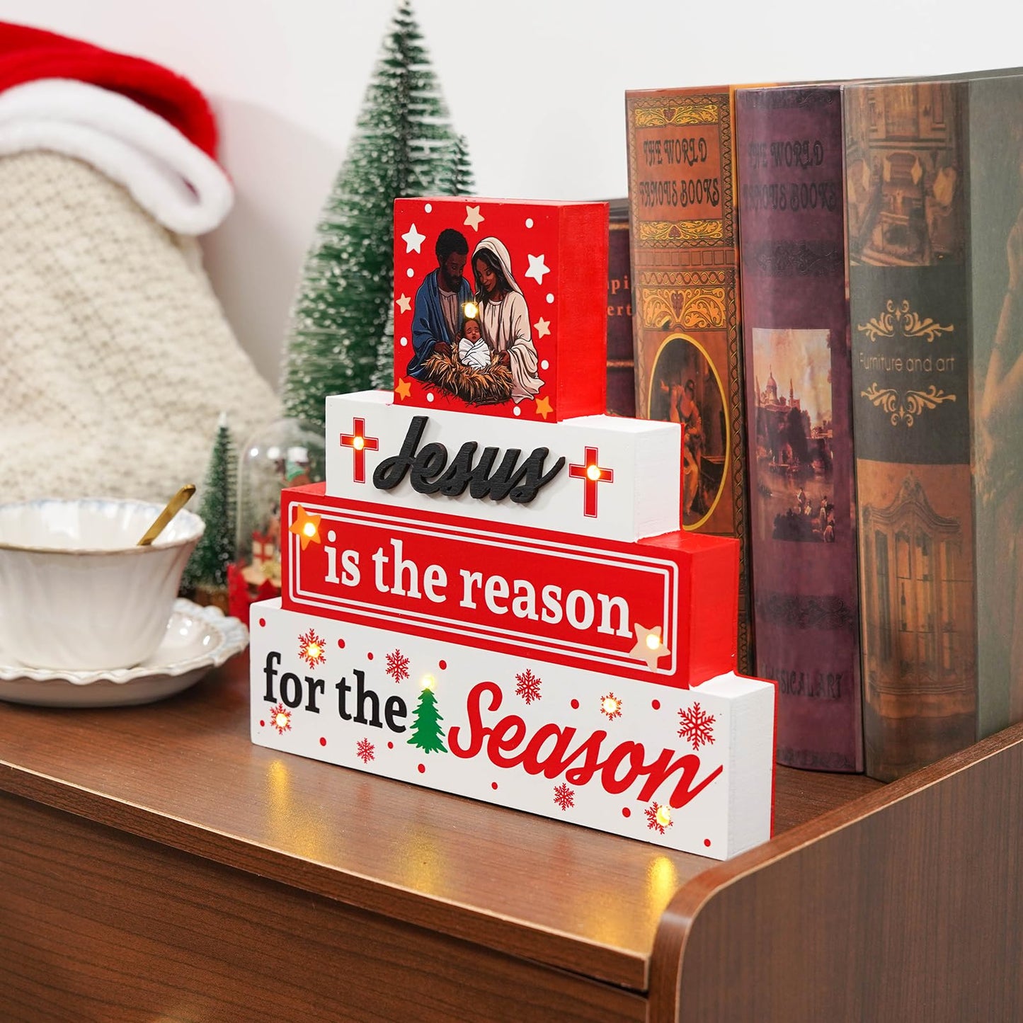 Black Santa - Led African American Christmas Decorations Jesus Is The Reason For The Season Nativity Scene Christian Wooden Sign for Table Religious Home Office Decor 9 × 9 Inch