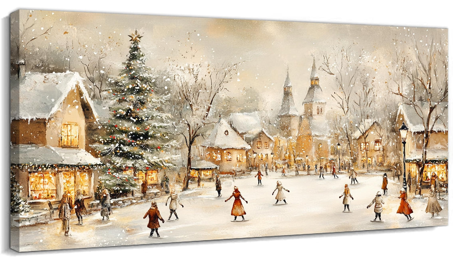 GUTTATY Christmas Village Santa Canvas Wall Art, Winter Snow Scene Canvas Wall Decor, Festive Christmas Poster, Warm White Hanging Painting Prints for Living Room, Hallway, 32x16 Inch