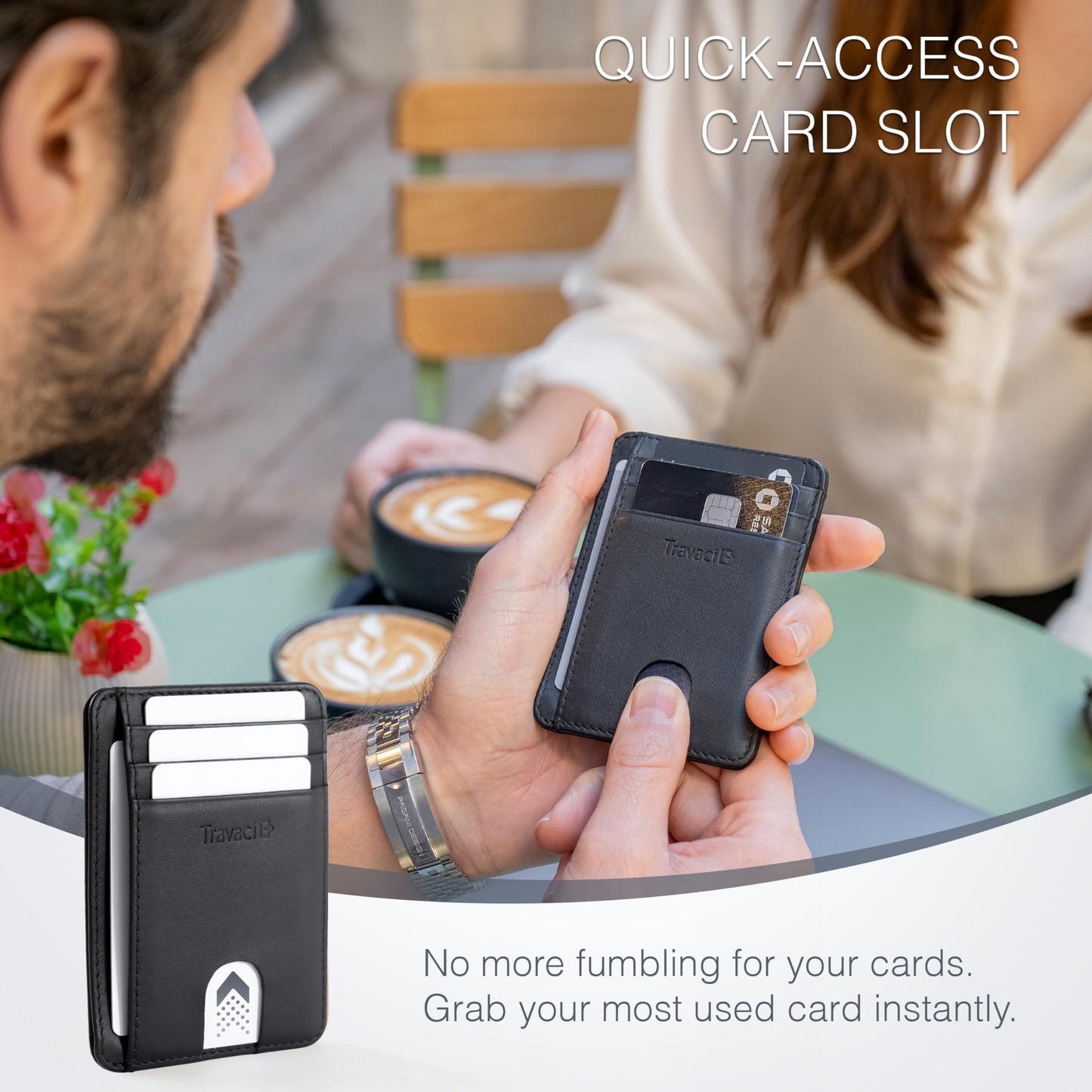Travaci Full Grain Leather Slim Wallet for Men and Women - Small Minimalist Wallet and Leather Card Holder - Thin Front Pocket Credit Card Holder - Black