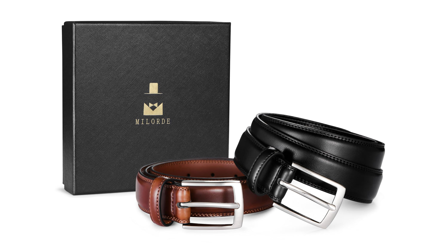 MILORDE Men's Leather Dress Belt 2Pack, Handmade, 100% Cow Leather, Fashion & Classic Designs for Work Business and Casual (2pack-Black101/Brown103,34)