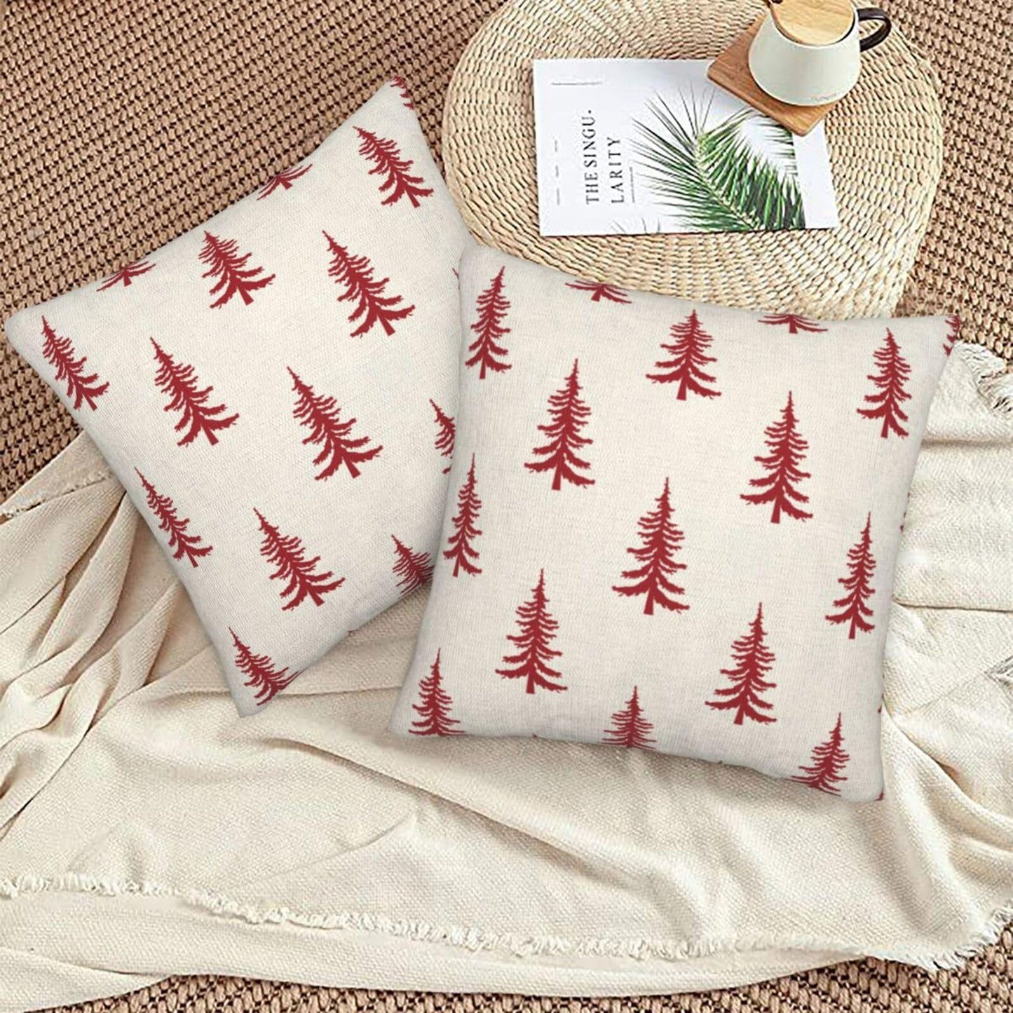 Sunshineyan Christmas Pillow Covers 22 x 22 Inch Set of 2, White Red Chirstmas Tree Decorations Throw Pillow Covers Outdoor Winter Holiday Farmhouse Xmas Cushion Case Linen Square for Home Couch Sofa
