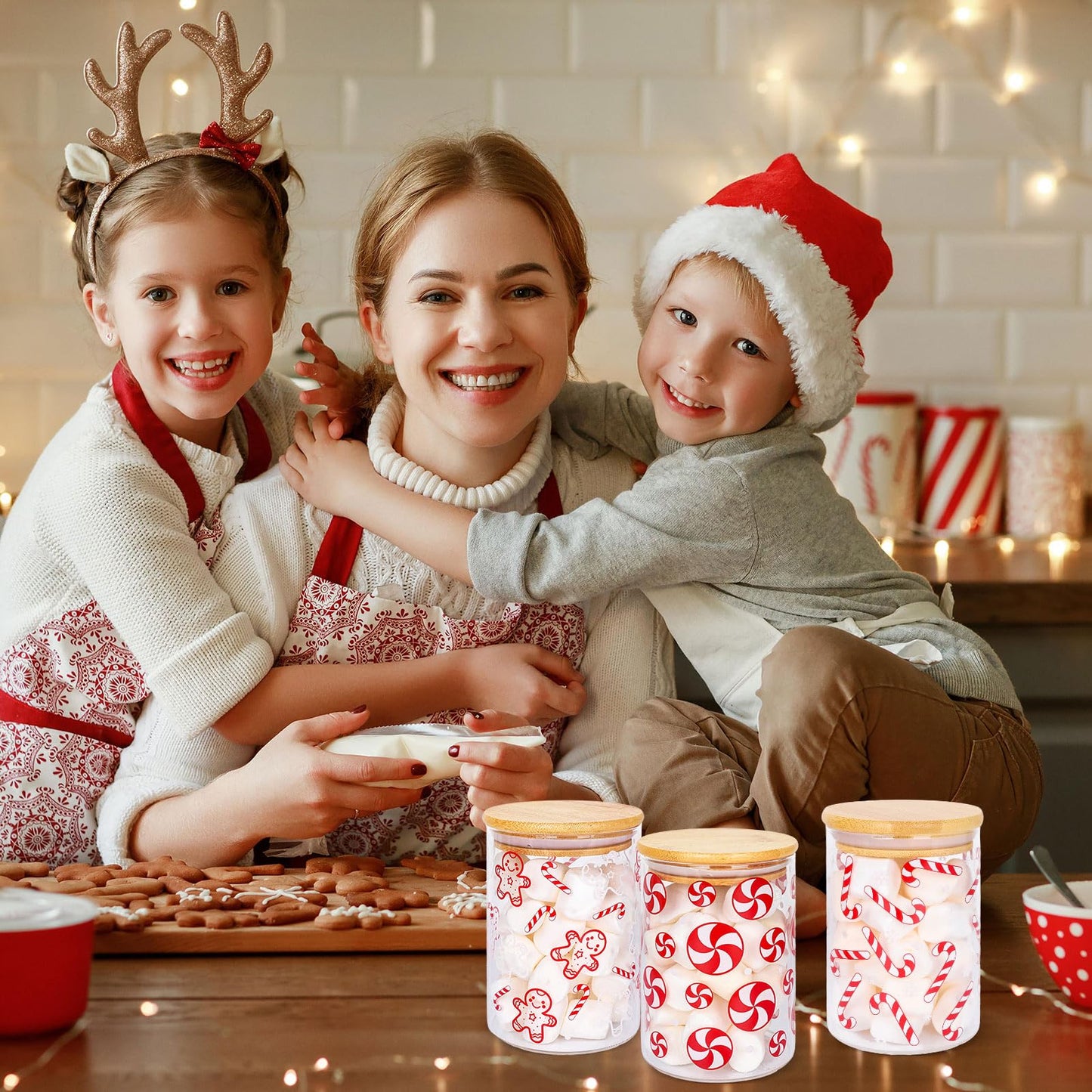 JarThenaAMCS 3Pcs Christmas Glass Storage Jars Red White Candy Cane Gingerbread Man Clear Canisters Sets with Airtight Lid for Xmas Home Kitchen Countertop Decor