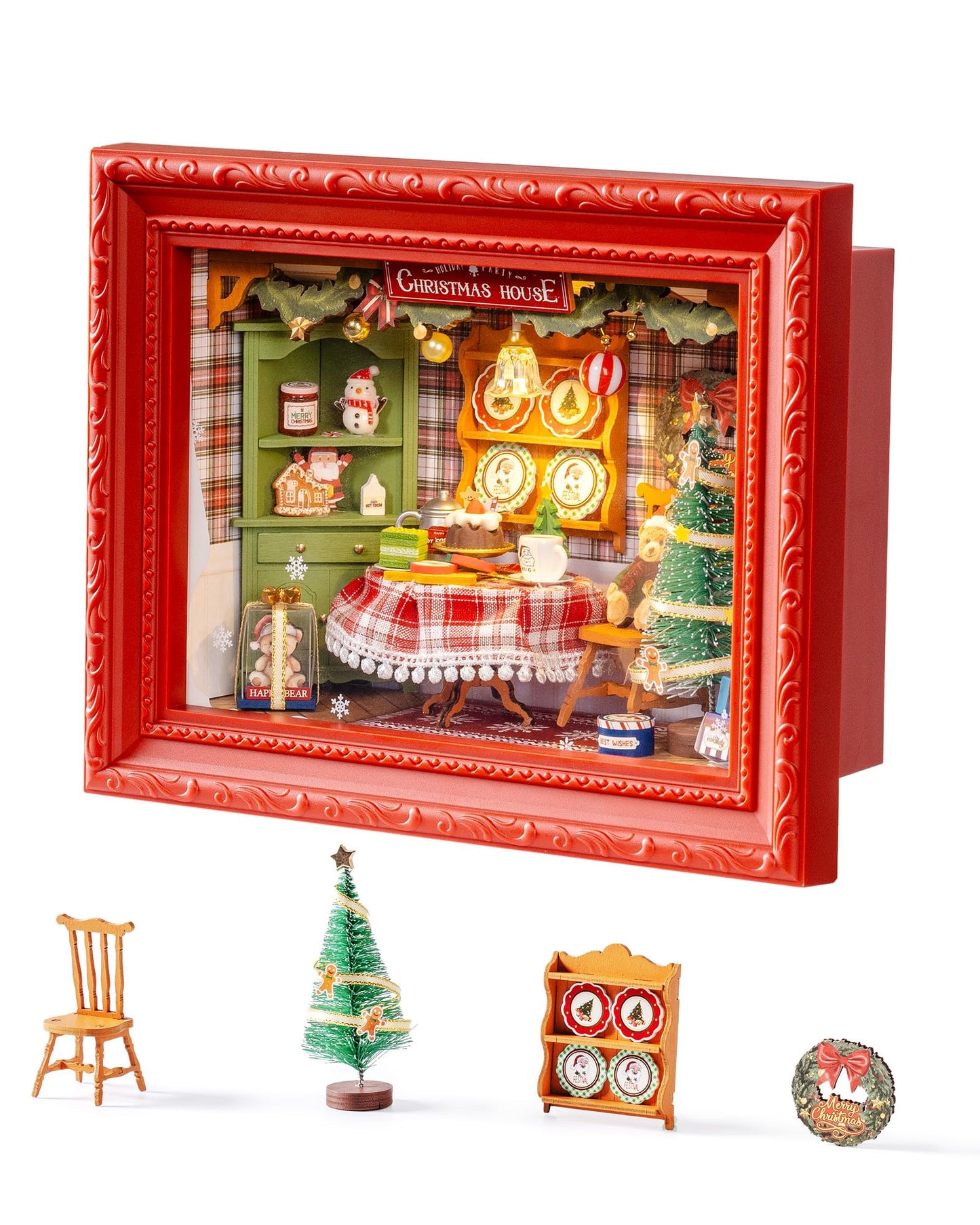 Rolife DIY Miniature House Kit, Mini Wooden Dollhouse Kit for Adults to Build, 3D Shadow Box Frame Home Wall Hanging Decor Diorama Kit, for Girls Women Teens-Christmas Eve Party