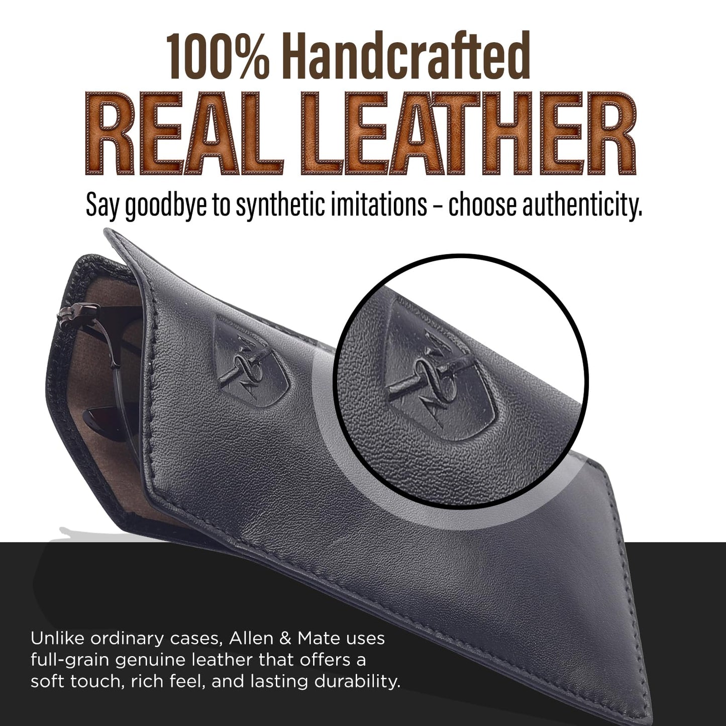 ALLEN & MATE 100% Leather Slim Glasses Case for Reading and Computer Glasses for Men & Women - Premium Black
