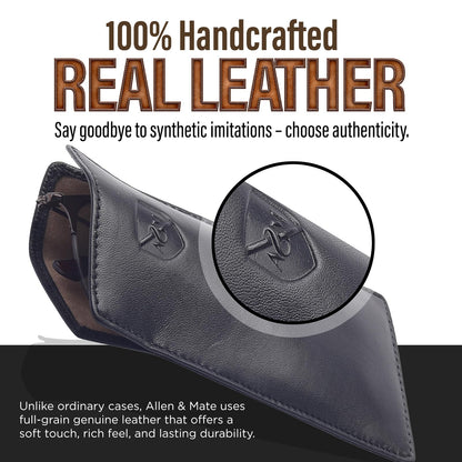 ALLEN & MATE 100% Leather Slim Glasses Case for Reading and Computer Glasses for Men & Women - Premium Black