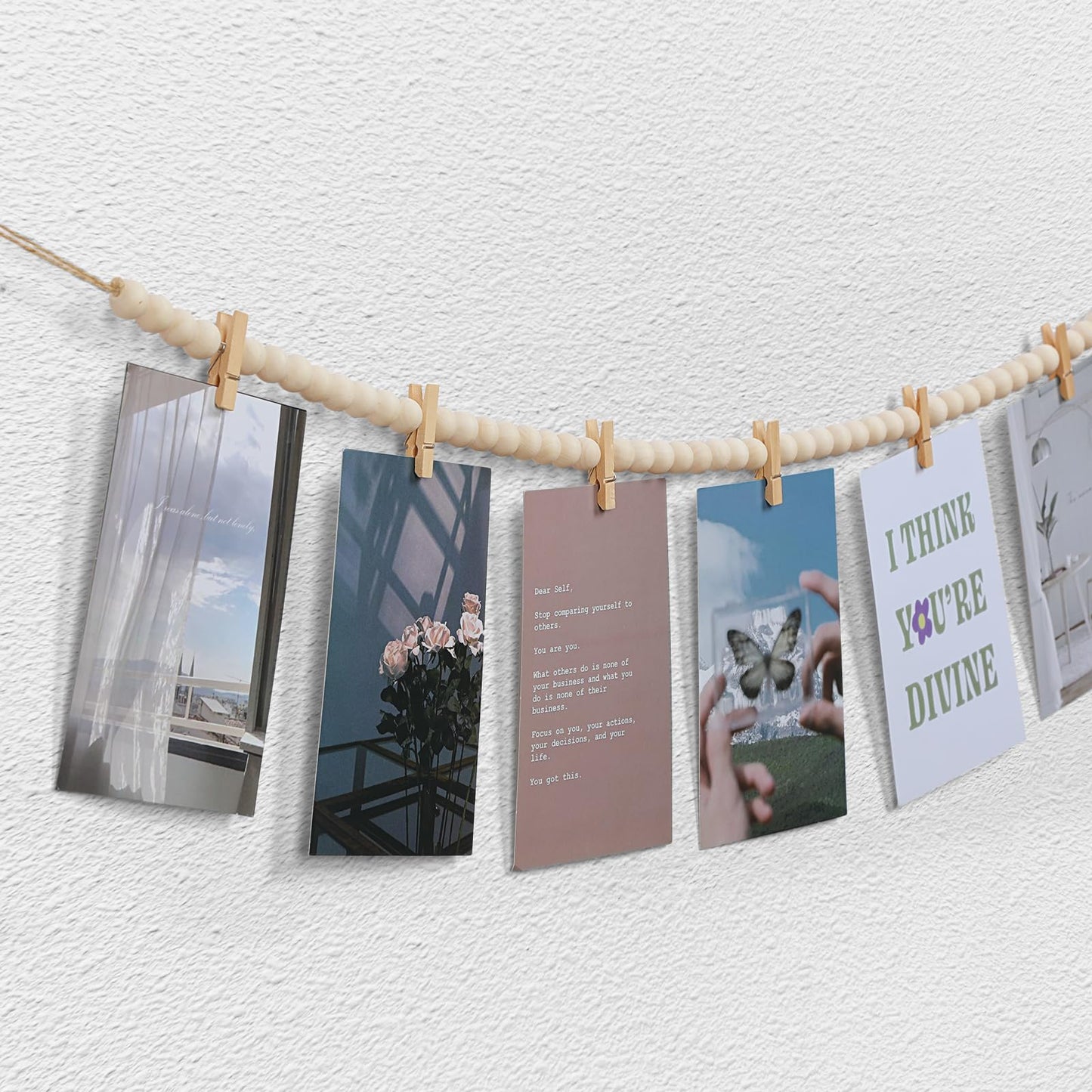 Hanging Photo Display with Clips, Boho Wooden Bead Garland Collage Picture Frame Wall Decor, Photo String with 10 Clips for Bedroom Room Dorm Cubicle Decor, Christmas Teen Girls Gifts , 3 Pack