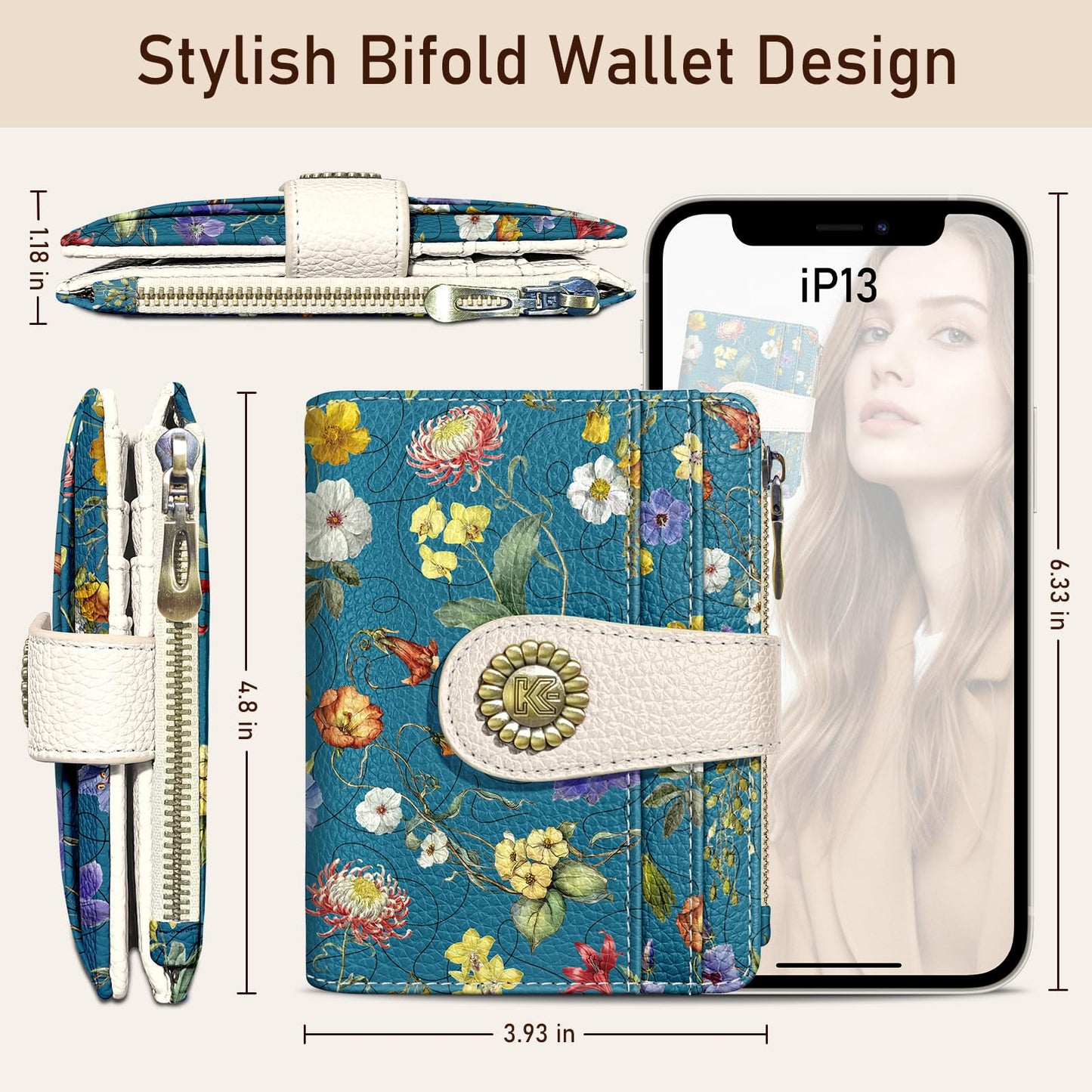 Kelvoris Blue Vibrant Floral Small Rfid Women Wallet Bifold Zipper Coin Pocket PU Leather Compact Cash Credit Card Holder Travel Wallet for Female Ladies Teen Girls 1 ID Window 10 Card Slots