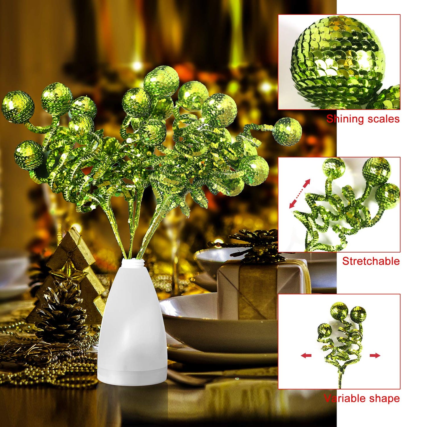 ZHANYIGY 6PC Set Green Christmas Tree Decoration Sequins Ball Curly Pick, Christmas Tree Decorations Christmas Tree Topper Star Home Office Perfect Party Decorations Gifts