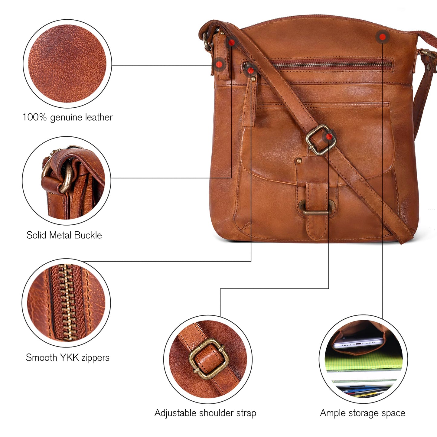 Oak Leathers Leather Crossbody Bag For Women With Adjustable Sling Strap - Medium Size Crossover Shoulder Handbag Purse (Tan Wash)