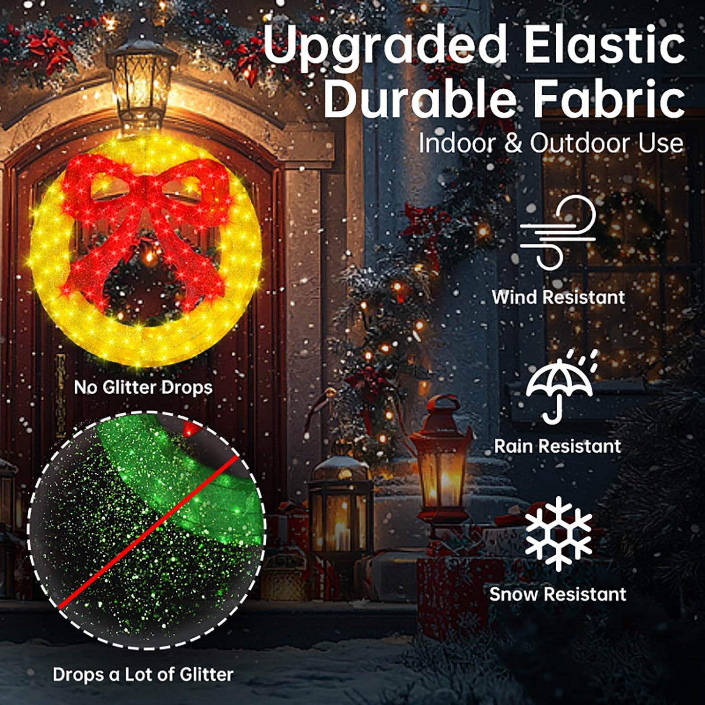 Outdoor Christmas Wreath Decoration - 36" Bright LED Christmas Wreath Lights with Bow, Large Lighted Christmas Wreaths Window Lights for Wall, Windows, Front Door Decor, Red Bow - Gold Wreath