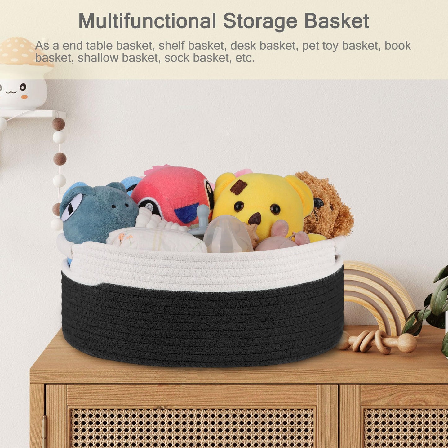 BOSROTY Small Woven Basket with Gift Bags and Ribbons, Empty Baby Gift Baskets for Kids Women Men, Shelf Storage, Small Cat Dog Pet Toy Boxes, 13”x 9”x 5.5”, Black