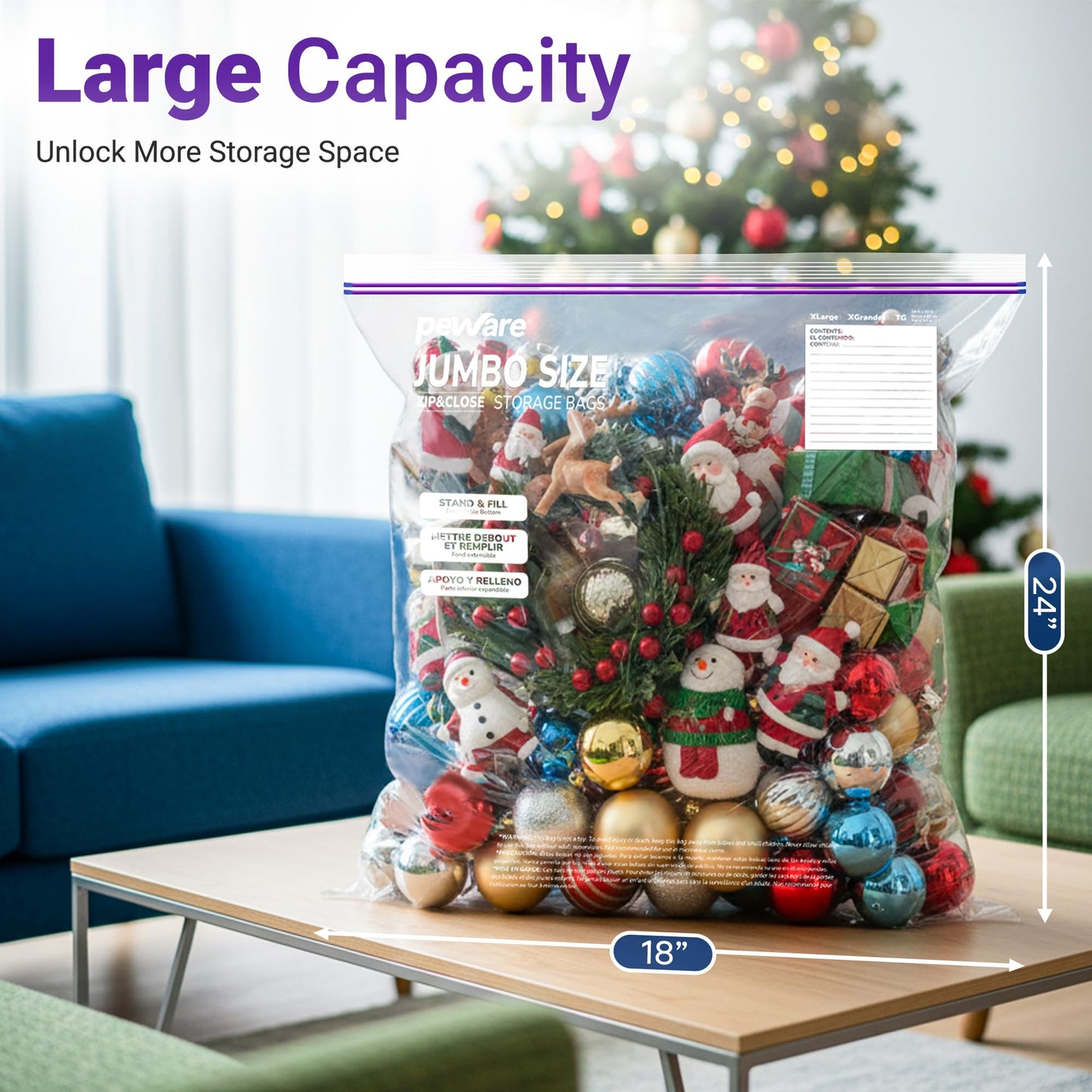 Large Storage Bags, 18"x24" Jumbo Plastic Bag, BPA Free, 5 Gallon XL Zipper Lock Baggies for Clothes Pillow Travel Moving - 30 Jumbo Bags