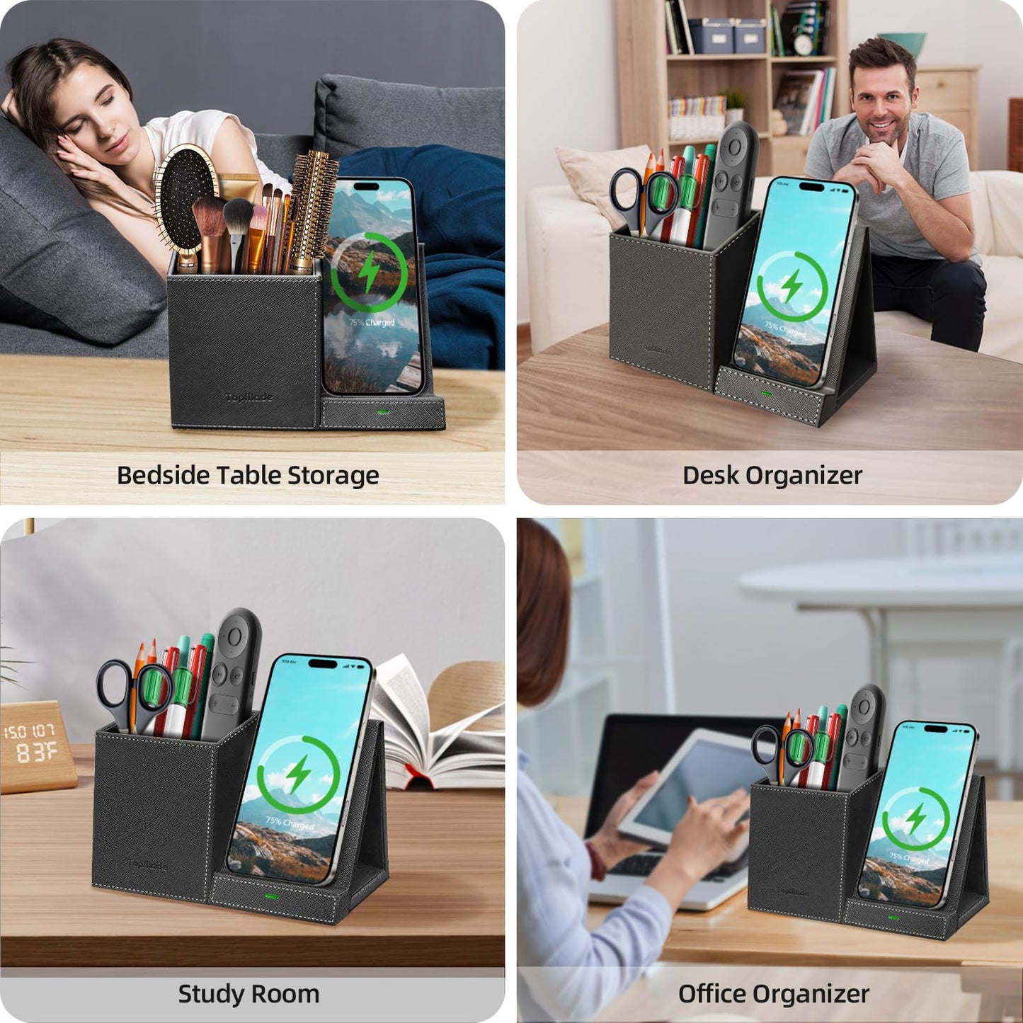 TopMade Wireless Charger with Pen Pencil Holder, Leather Mltifunctional Desk Nightstand Organizer, Fast Charging Station Remote Control Holder, Office Supplies Desk Accessories, Gifts for Men(Black)
