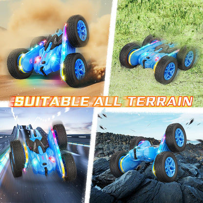 Terucle Remote Control Car, Rc Cars Stunt Kids Toys New Upgraded Strip Lights and Headlights Double-Sided 360° Rotating 4WD Drift Truck for Boys Girls Birthday Gift (Blue)