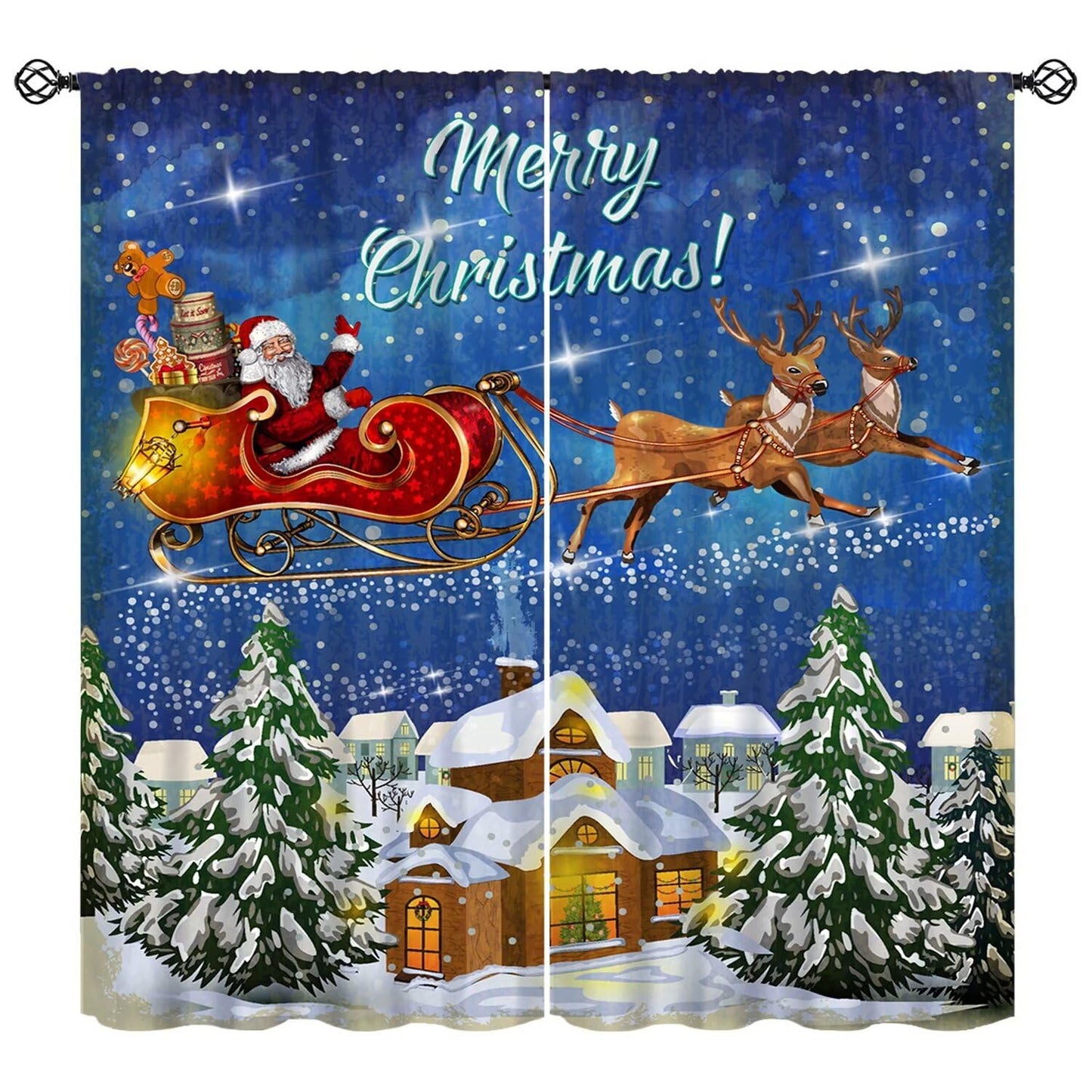 FengMingRui Christmas Curtains Santa Claus Sleigh Chimneys New Year Christmas Patterns Printed Window Treatment Bedroom Living Room Decoration Blackout Decor Window Drapes 52" W X 84" L