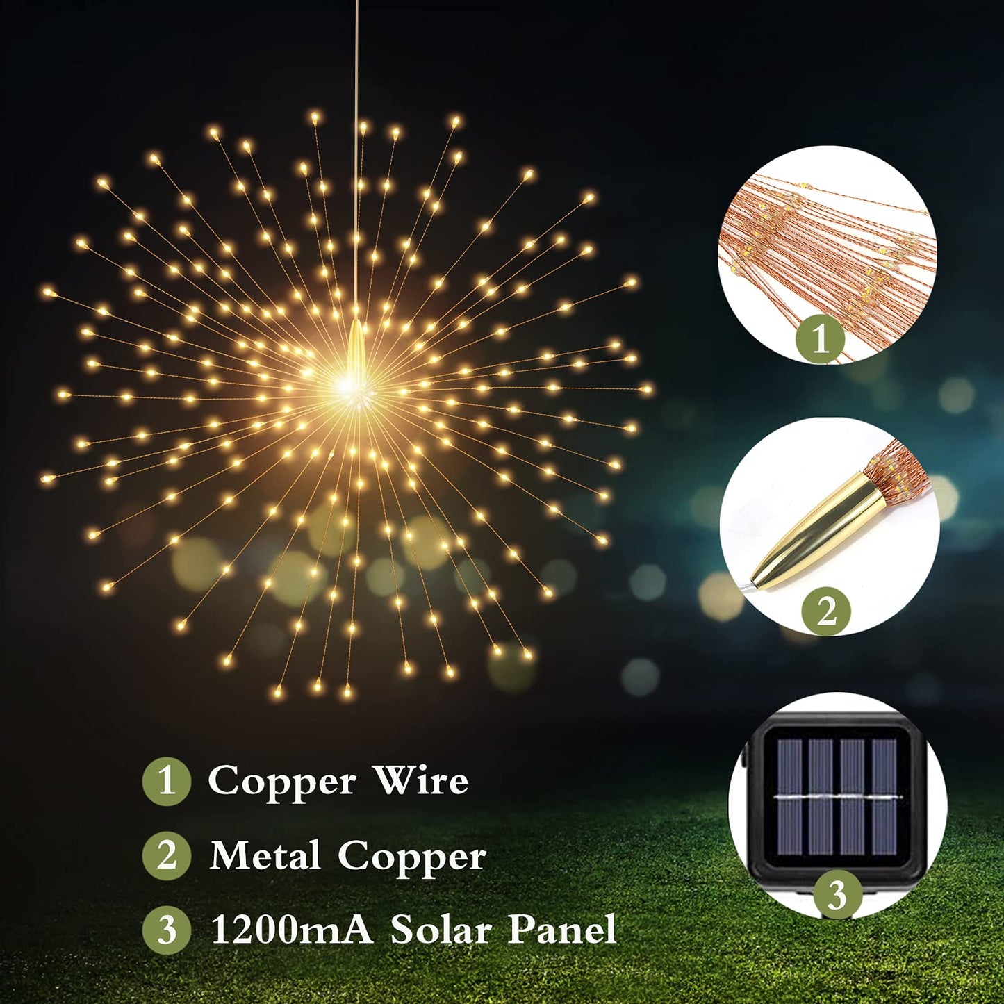 PXBNIUYA 2 Pack Solar Starburst Sphere Lights,200 LED Firework Light 8 Modes Dimmable Waterproof Hanging Fairy Light, Copper Wire Lights for Tents Patio Parties Christmas-NO Remote (Warm White)
