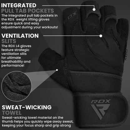 RDX Weight Lifting Workout Gloves with Wrist Support, 50 CM Long Wrist Straps, Anti Slip Padded Palm, Breathable Gym Grip for Fitness Training Powerlifting, Men Women Bodybuilding Exercise