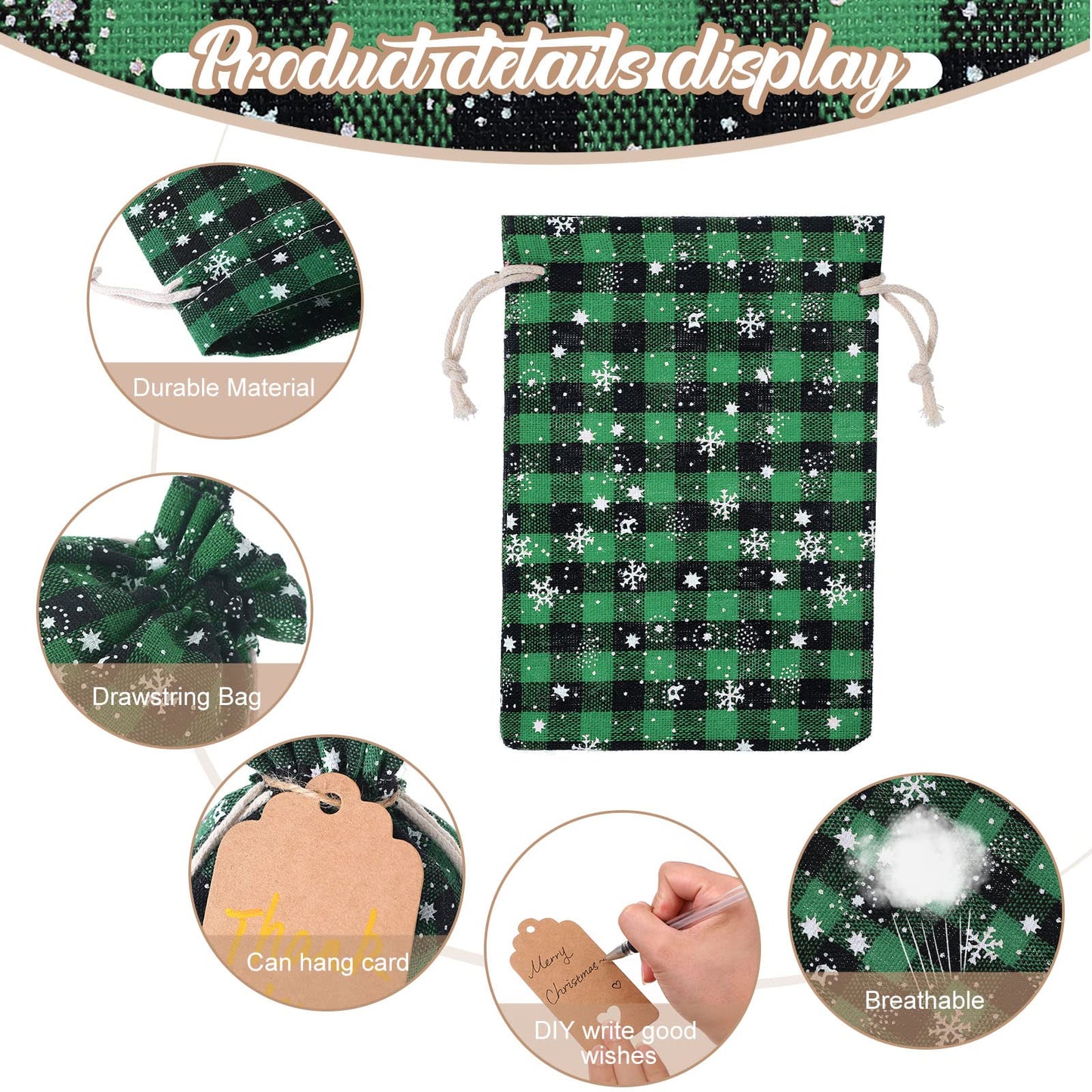 Shappy 48 Pcs Christmas Drawstring Bags Xmas Buffalo Plaid Burlap Candy Bags Linen Treat Sack Holiday Party Favor Christmas Sack Sachet with Cards and Rope(6 x 4 Inch,Black Green)