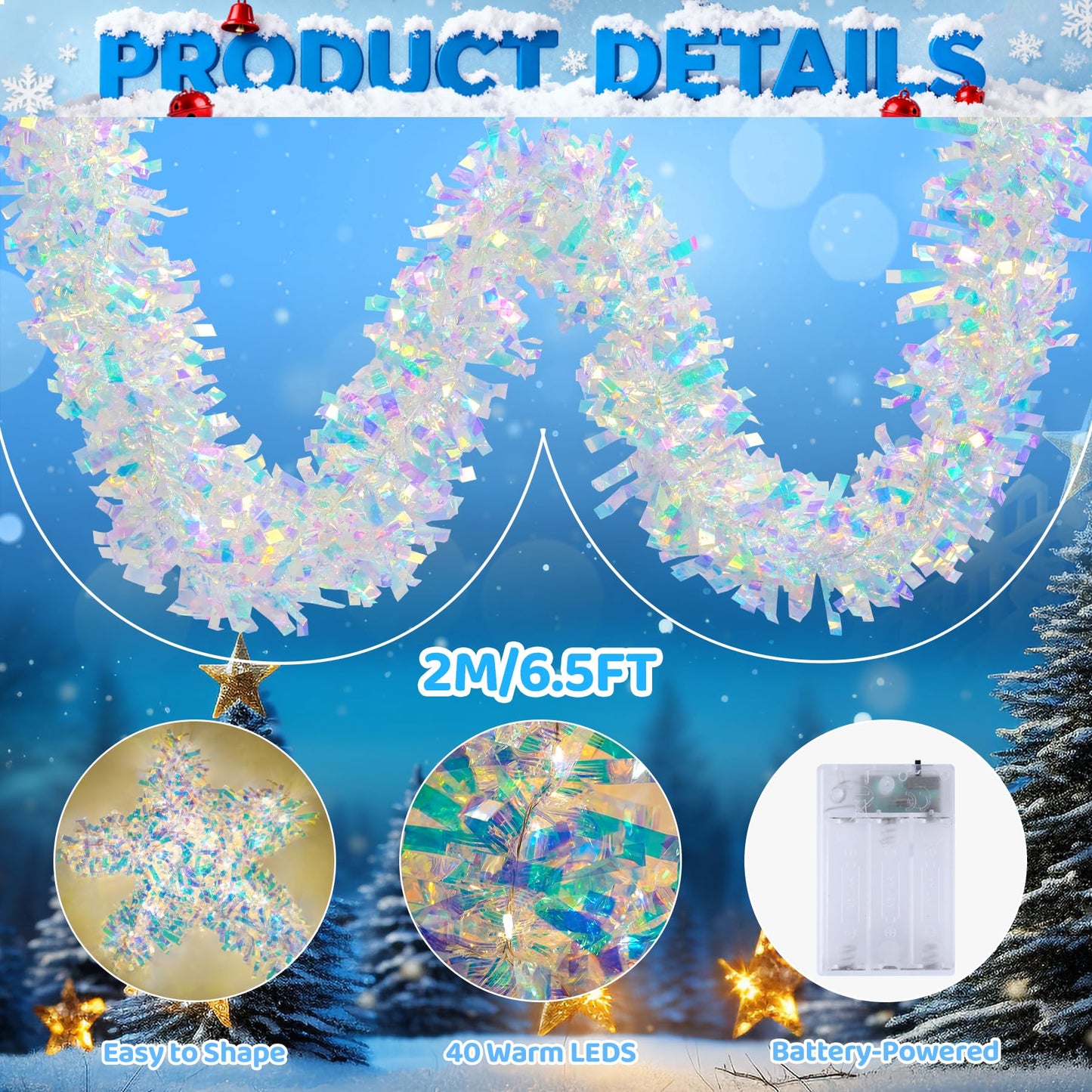 Christmas Garland with Lights, 2 Pack 6.5FT Iridescent Tinsel Garlands Battery Operated, Shiny Streamers Garland New Year Decorations, Garland for Wedding Birthday Holiday New Years Eve Party Supplies