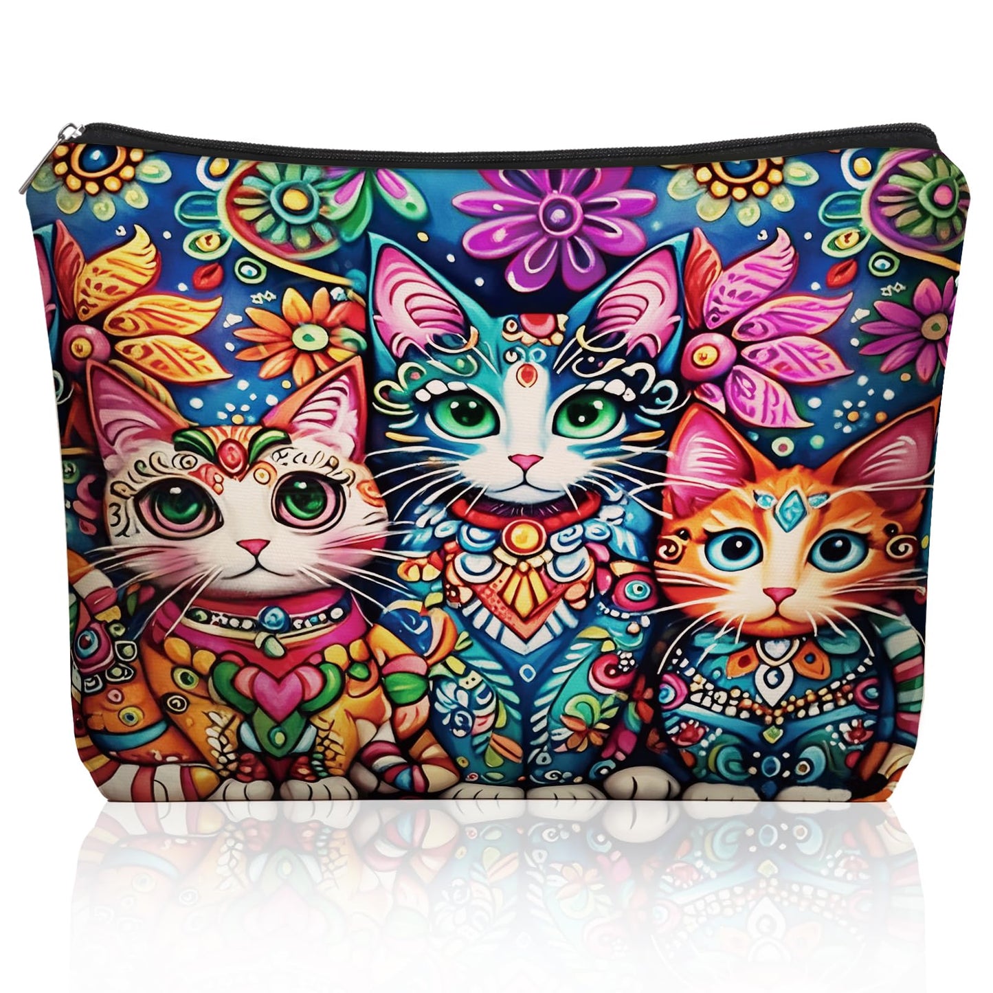 Girlly Mom Bohemian Cat Makeup Bag Gift: Cute Boho Cats Themed Cosmetic & Toiletry Organizer Pouch For Daughters, Sisters, Friends,Teen Girls & Women.Ideal Gift For Travel, Birthdays.