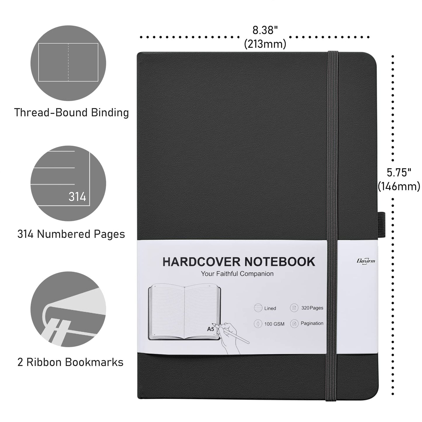 Lined Journal Notebook - 320 Numbered Pages, 100gsm Thick Paper Journals, A5(5.75"x8.38") Hardcover Leather, College Ruled Notebook for Women Men Work Writing, Bullet Journaling, Drawing, Black