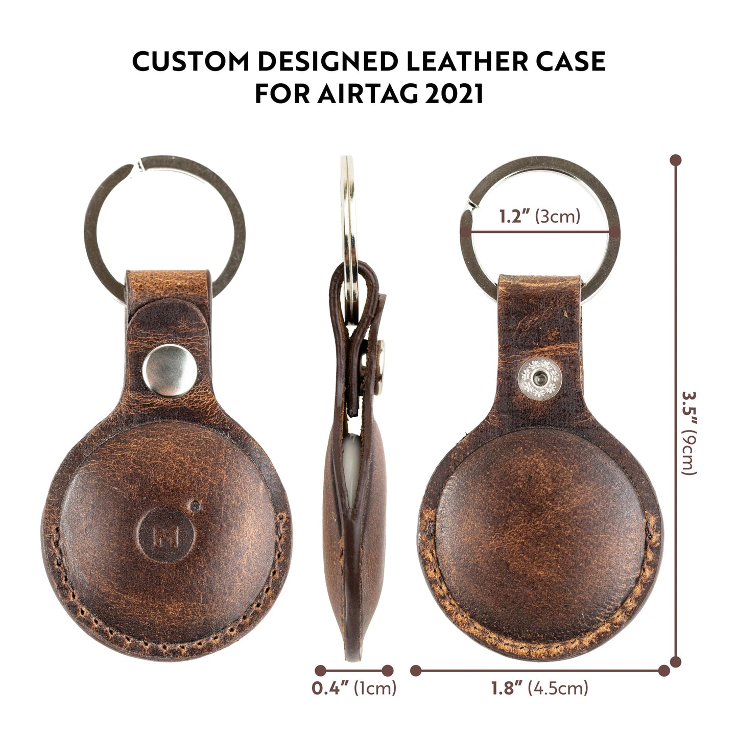 moonster Genuine Leather AirTag Keychain Holder for Apple Air Tag, Full-Grain Buffalo Leather AirTag Holder with Key Ring, Reinforced Stitching and Snap Closure (4 Pack)