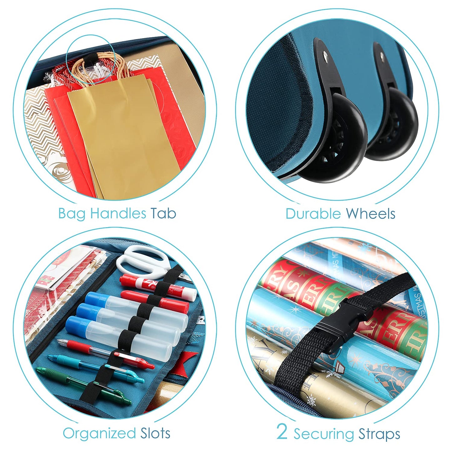 Hearth & Harbor Wrapping Paper Storage Container with Ribbon Dispenser and Interior Pockets - Large Christmas Storage Containers with Wheels, Fits 30 Rolls of 40" Length, Blue