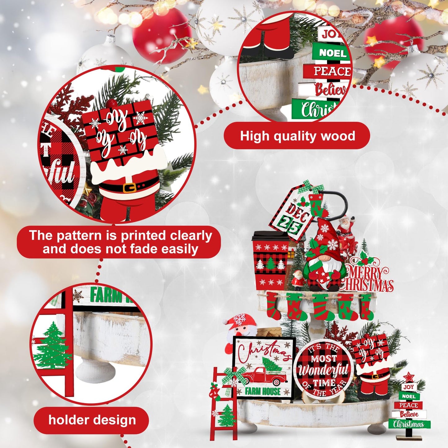 Tradder 14 Pcs Christmas in July Tiered Tray Decor Christmas Stockings Red Truck Xmas Tree Santa Wooden Signs Xmas Table Decorations Rustic Farmhouse Ornaments for Home Shelf