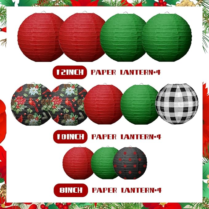 Bencailor 12 Pcs Christmas Hanging Paper Lanterns Set Decorative Party Round Hanging Lamps for Xmas Home Decoration Supplies Props Holiday Decor(12, 10, 8 Inch,Plaid)
