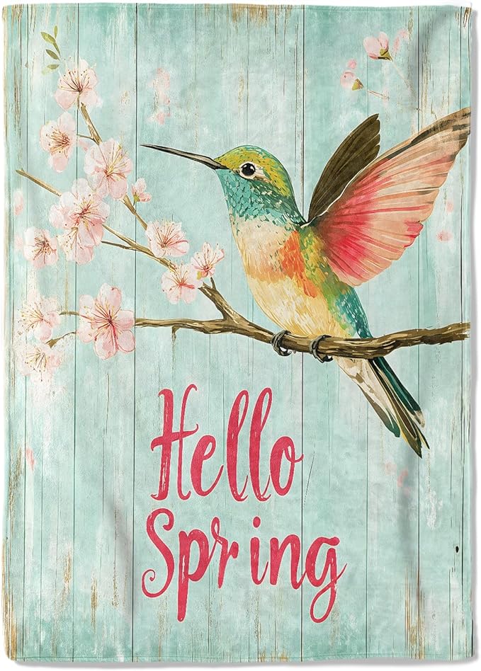 Bird Hello Spring Fleece Blanket - 50x60in Colorful Hummingbird and Cherry Blossom Throw Blankets,Soft Cozy Lightweight, Ideal for Bed Living Room Home Rustic Decor and Girls Women Gifts