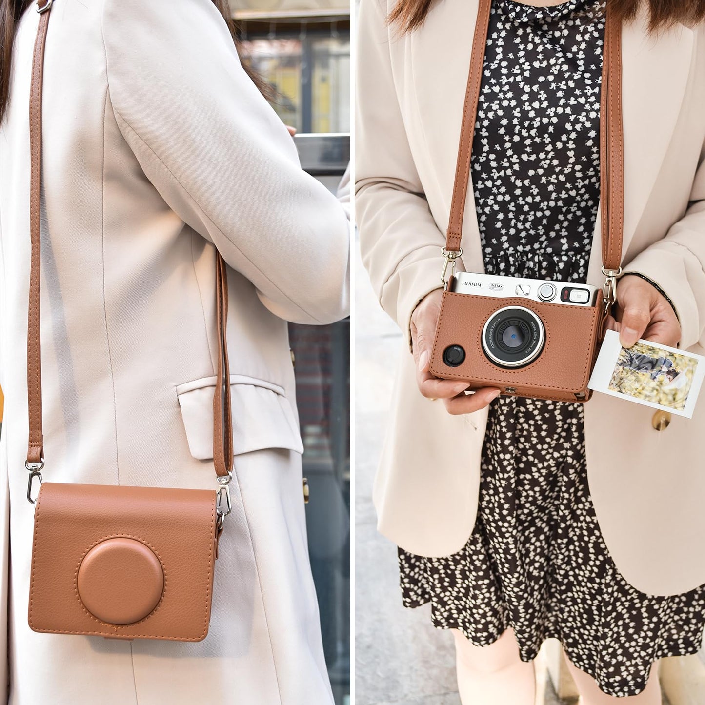 MUZIRI KINOKOO Instax Mini EVO Case with Photo Print Slot Lychee-Grain PU Leather Fuji Mini EVO Camera bag with Adjustable Shoulder Strap&Precise Charging Port&Detachable Protective Cover-Brown