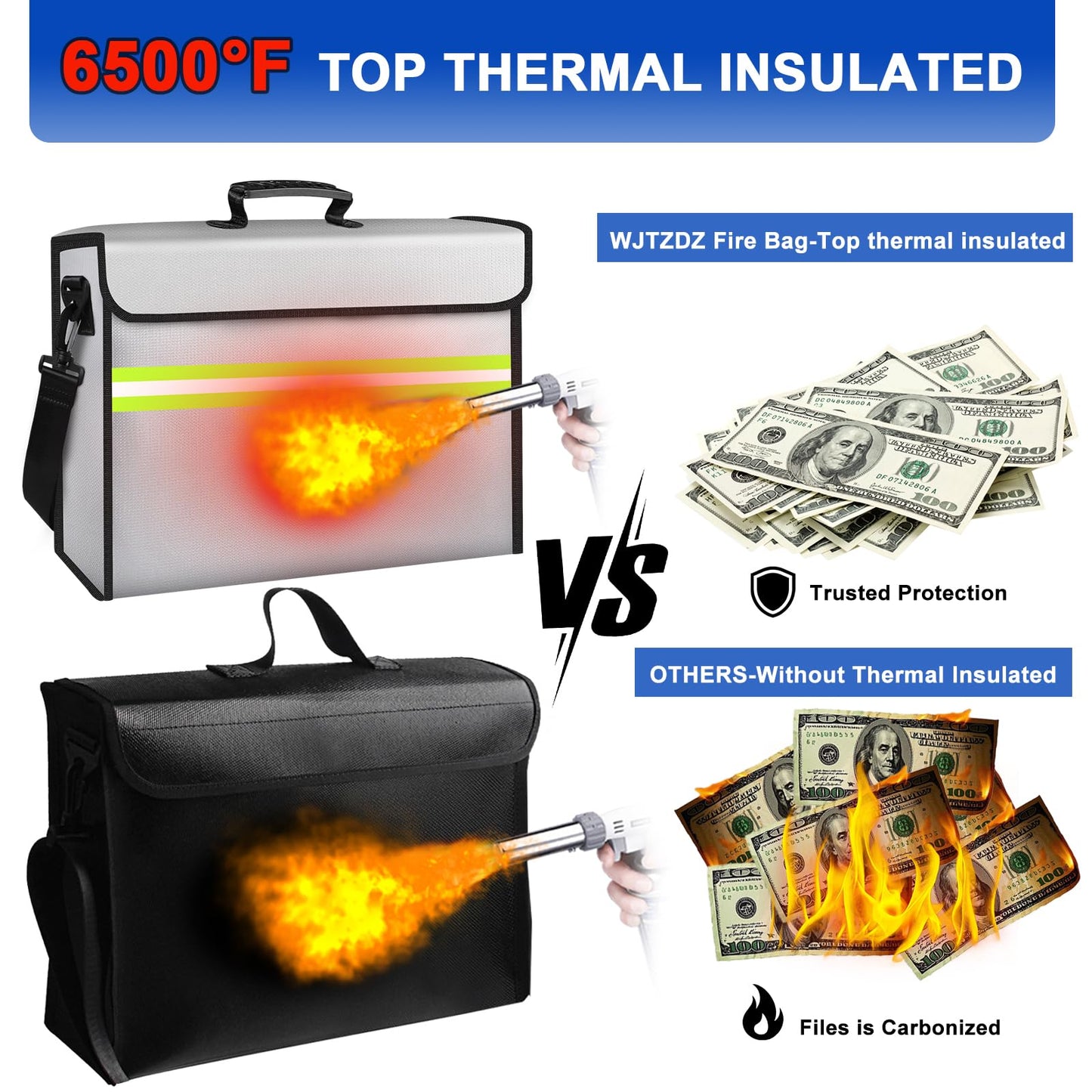 ZYMMYZ 6500°F Large Fireproof Document Organizer with Lock,Upgraded 10 Layers Heat Insulated＆Waterproof Zipper,Removable Folder Layers/Wallet,Portable Home Travel for Documents(16.5x12.4x5.5 inches)