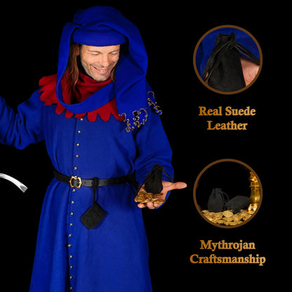 Mythrojan Small Trinket Pouches Set of 2, Suede Leather Drawstring Coin & Dice Bags for LARP, SCA, Viking & Medieval Events Color : Black