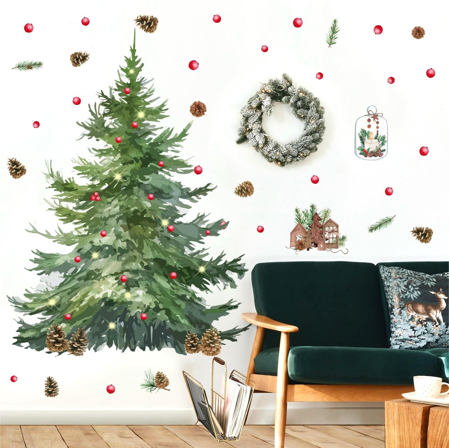 Large Pine Tree Wall Stickers Watercolor Christmas Tree Wall Decals Peel and Stick Removable Evergreen Trees Decal Winter Merry Christmas Art Murals for Living Room Kitchen Gift Xmas Party Supplies