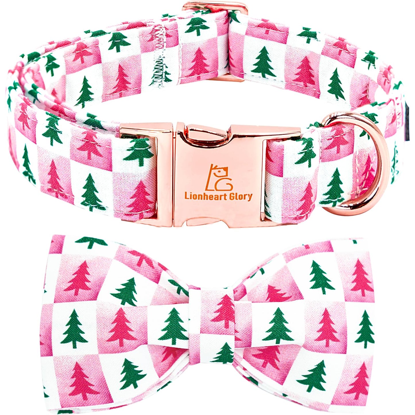 Lionheart glory Christmas Dog Bow Collar - Christmas Tree Pink Checkerboard Dog Collars with Bowtie Soft Sturdy Adjustable Girl Collars for Medium Dogs Cute Pet Collar