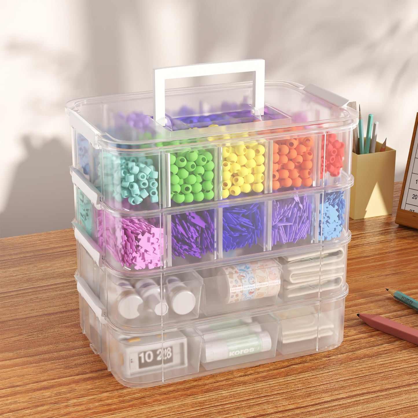 4-Tier Plastic Craft Storage and Organizers with 2 Removable Trays and 20 Adjustable Compartments, Art Supply Storage Organizer for Sewing,Puzzles,Washi Tape,Nail Polish