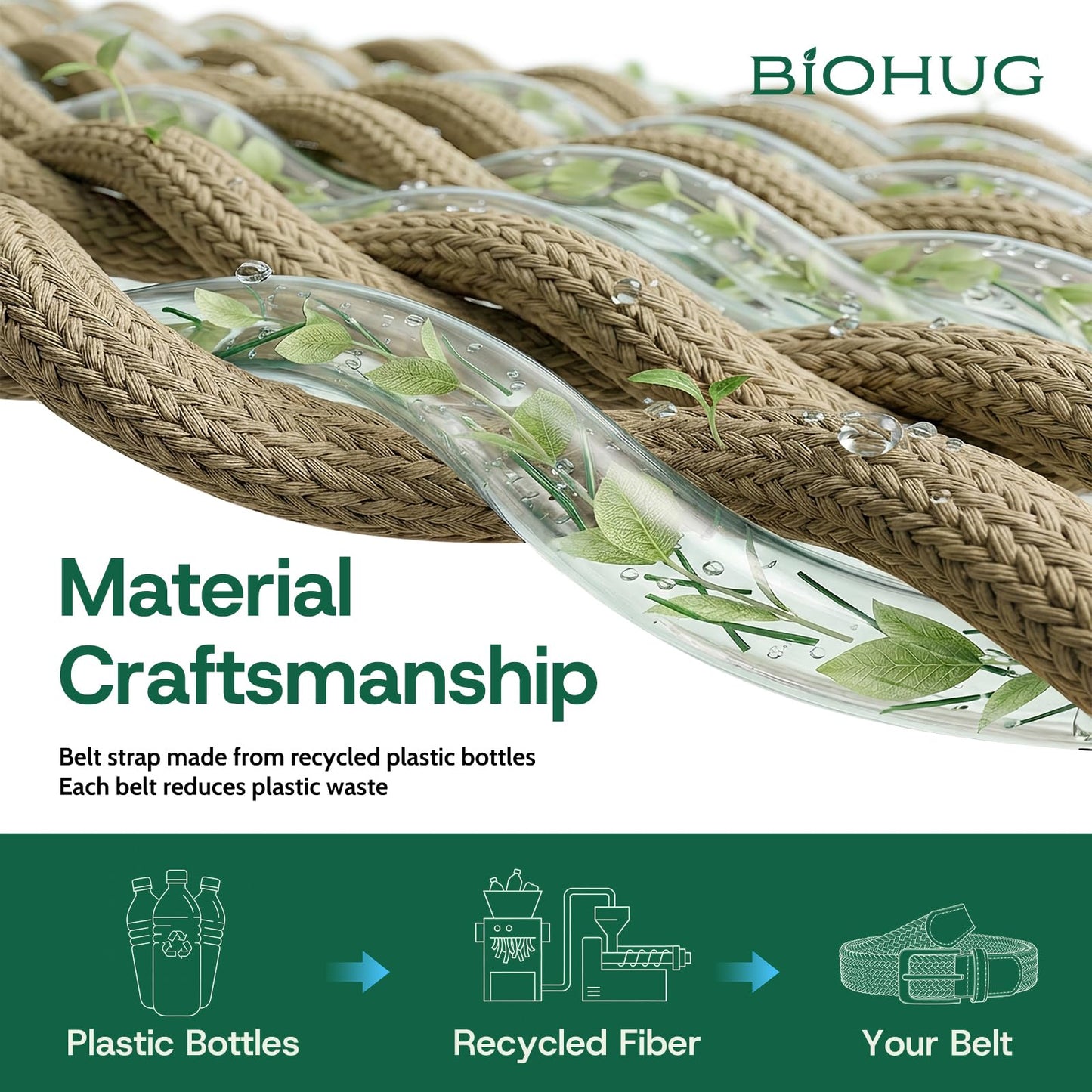 BIOHUG Men's Elastic Braided Belt Eco-Friendly Recycled Fabric Stretch Woven Belt for Jeans Pants,Golf Casual Wear 1.34" Width Khaki
