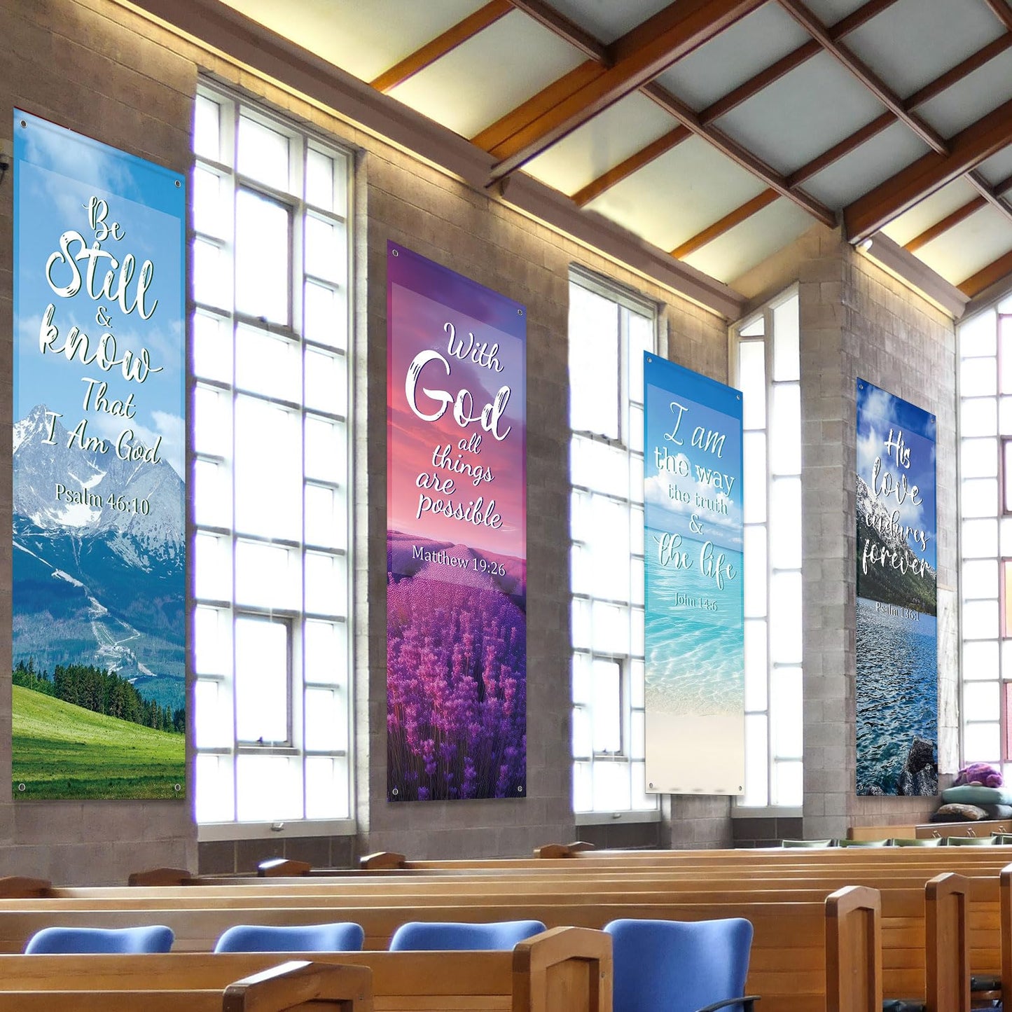 4Pcs Church Banners for Sanctuary Wall Welcome Inspirational Religious Banners Hanging Backdrop Scenic Pattern Church Banner with Scripture Bible Verses Exquisite Banner for Church School Decor