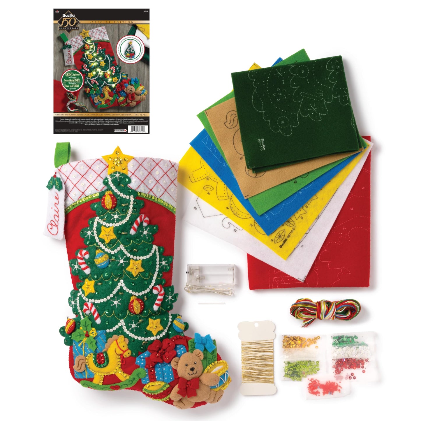 Bucilla Felt Applique 18" Stocking Making Kit with LED Lights, Christmas Tree Surprise, Perfect for DIY Arts and Crafts, 86710