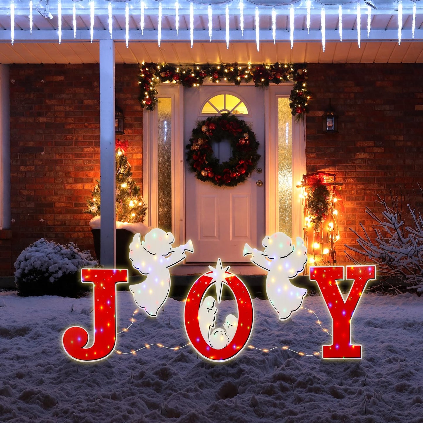 Christmas Joy Nativity Scene Yard Sign with LED String Light Decorations Large Xmas Nativity Lawn Religious Scenes Yard Signs with Stakes for Christmas Eve Night Holiday Xmas Home Outdoor Garden Decor