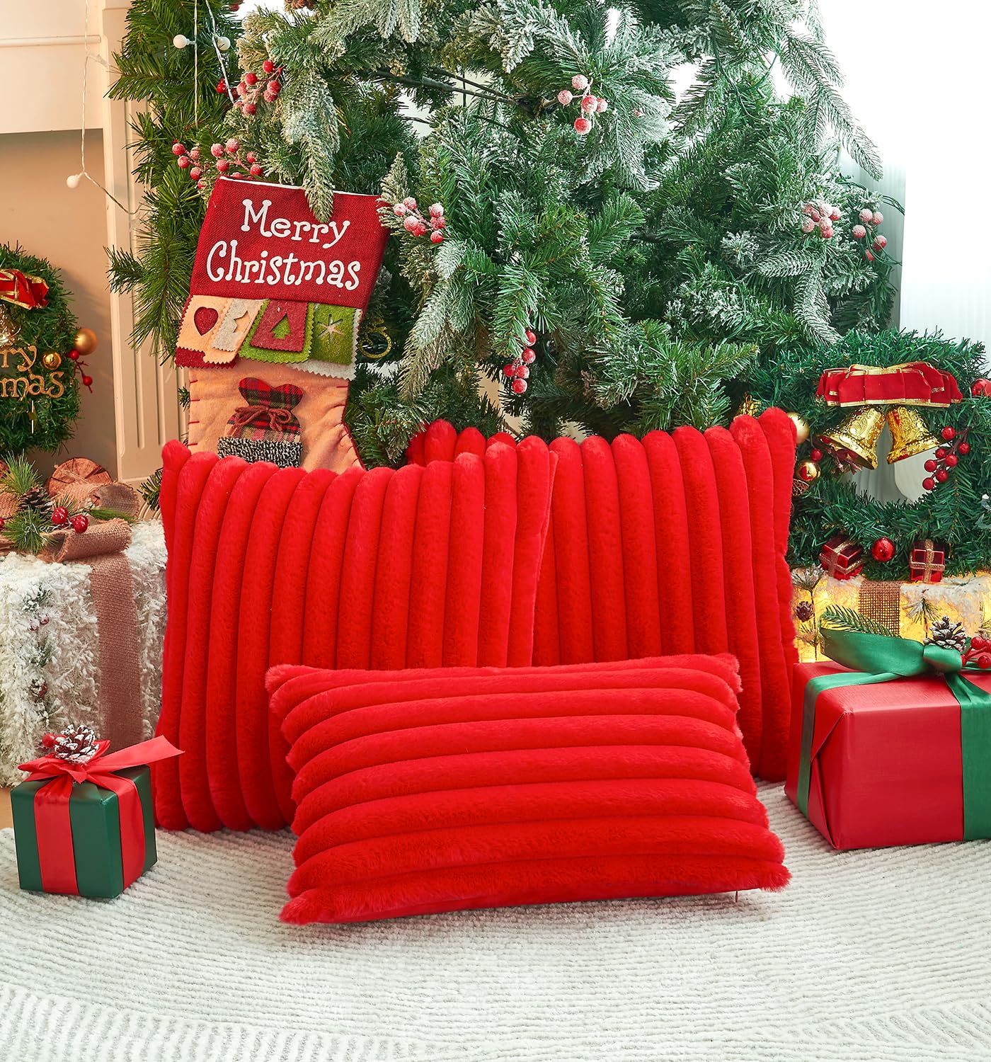 GriNeed Pack of 2 Christmas Red Pillow Covers 18x18 Inch Decorative Faux Fur Throw Pillow Cover, Soft Lumbar Plush Pillowcases for Couch Sofa Bed Living Room, Fluffy Cute Home Boho Accent Decor