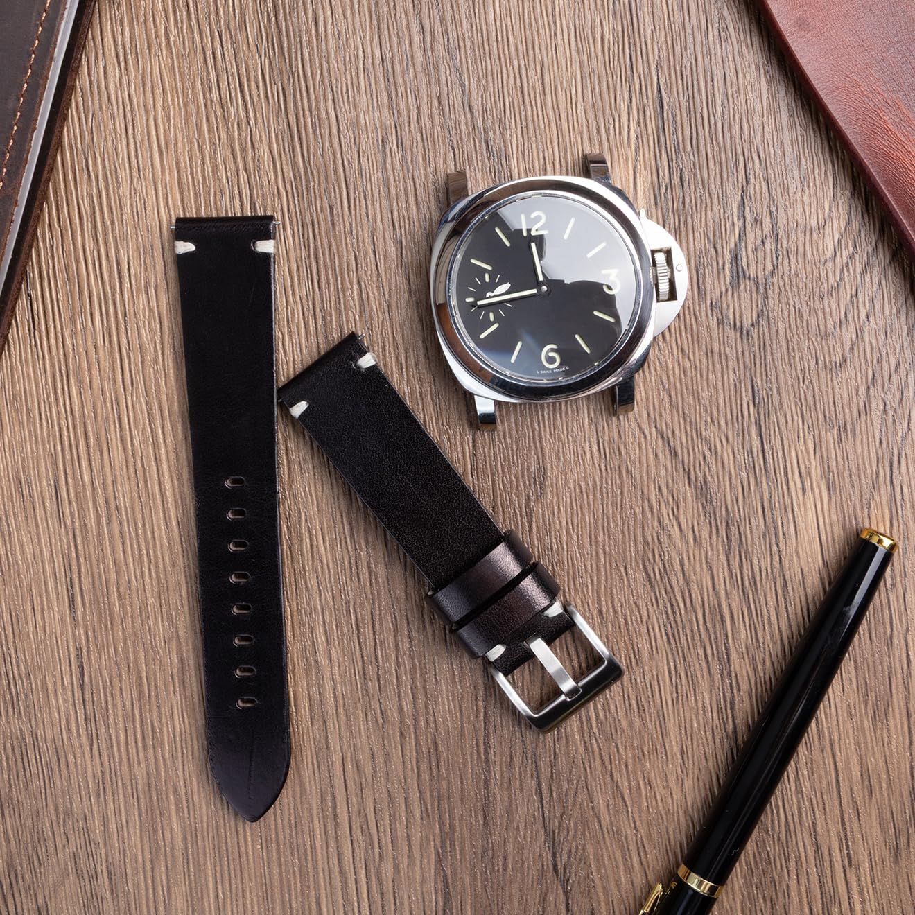 Berfine 20mm Leather Watch Band for Men Women, Vintage Handmade Quick Release Watch Strap Replacement, Thick Single layer, Black