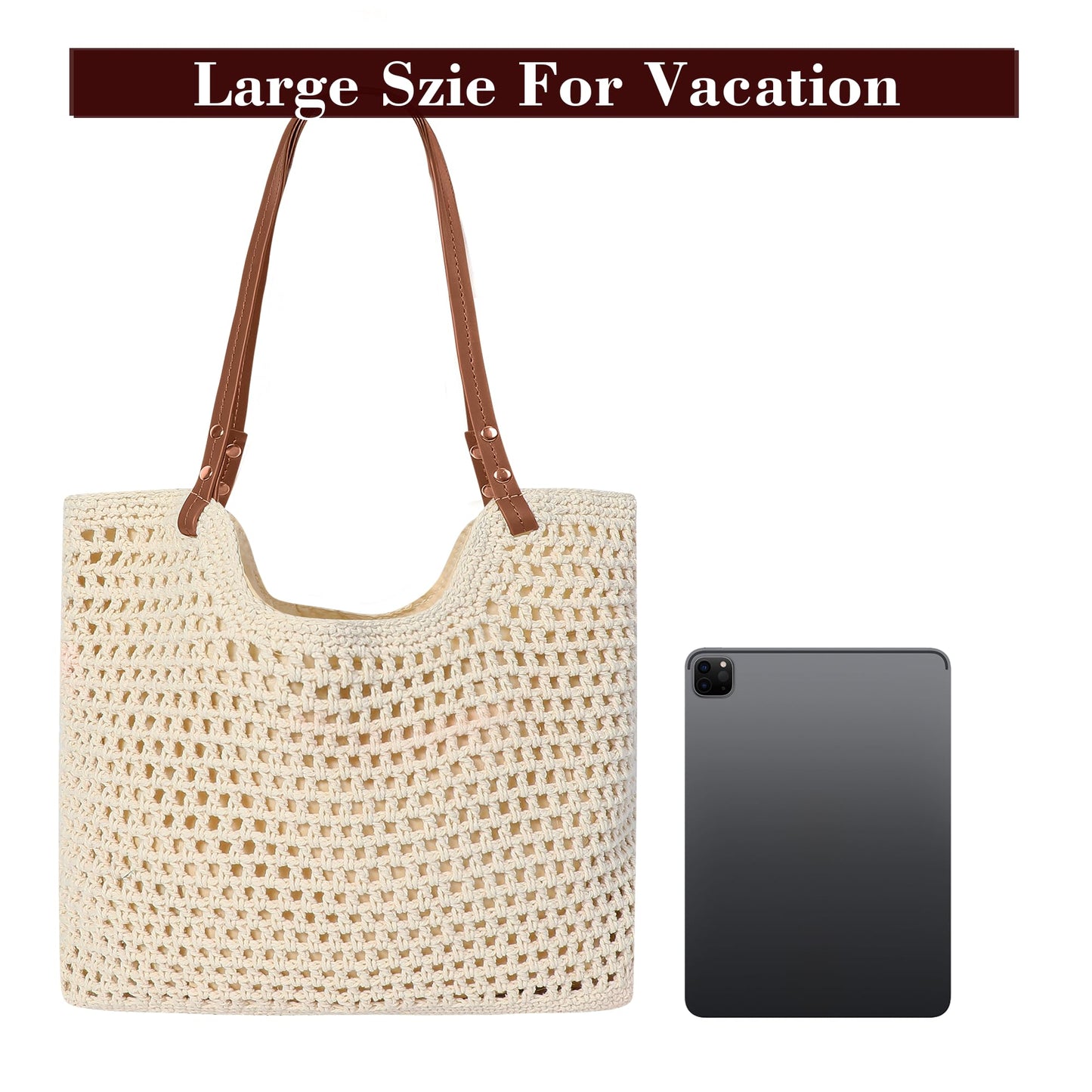 Crochet Mesh Beach Tote Bag, Large Woven Shoulder Bag with Leather Handles, Inner Pocket, Boho Summer Travel Purse for Women