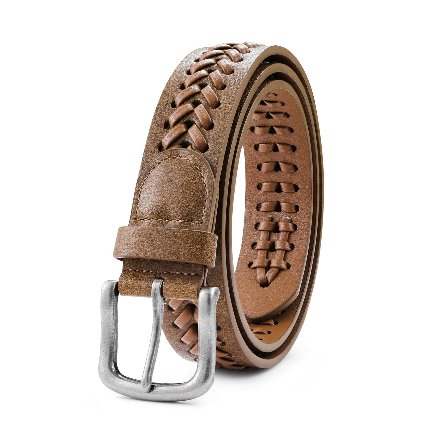 MILORDE Leather Braided Belts for Men, Handmade, Causal Woven Leather Jeans daily wear (X Tan, S 30-32")