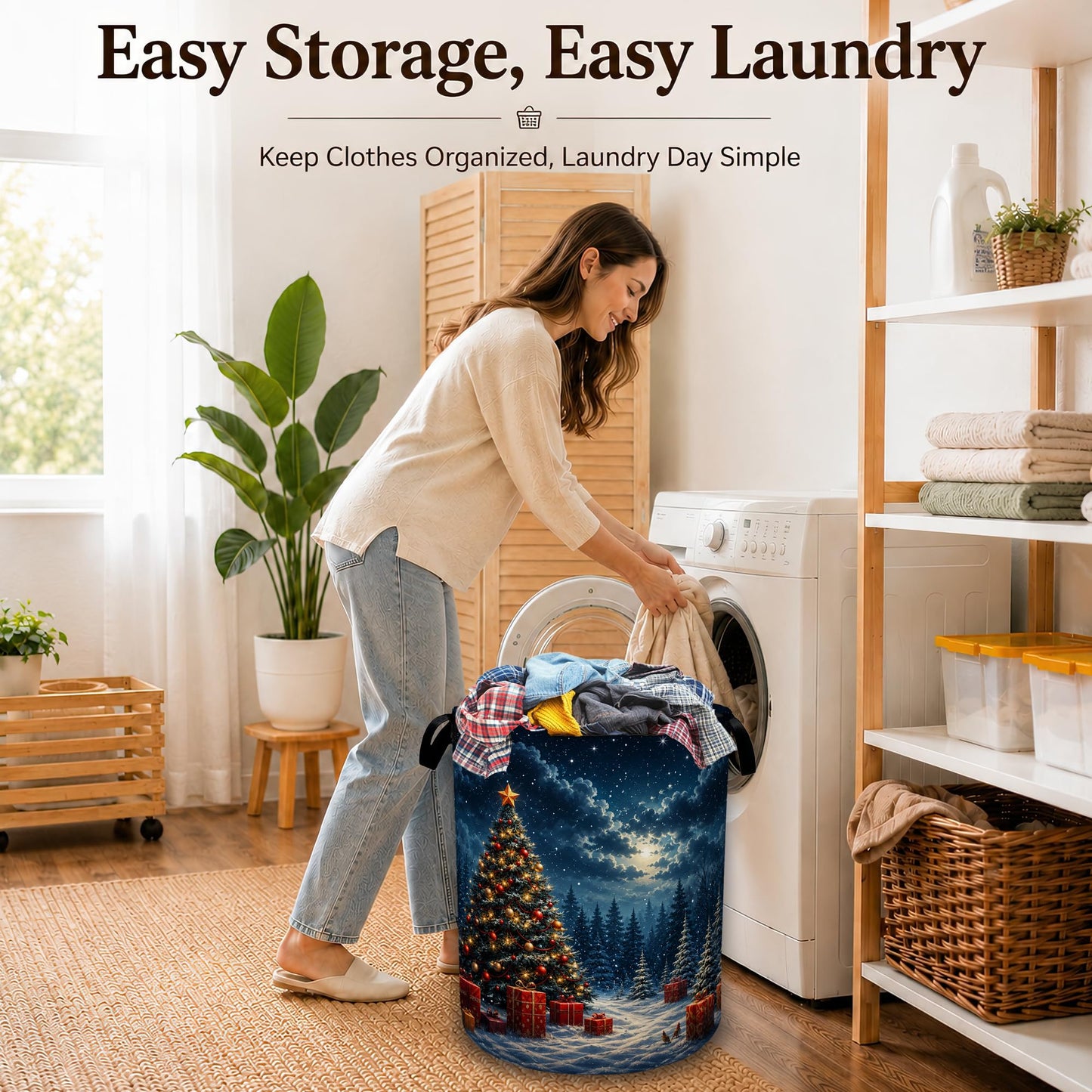 Christmas Tree Collapsible Laundry Hamper for Bedroom，Winter Night Freestanding Oxford Clothes Basket, Large Foldable Storage Bin with Easy-Carry Handles for Bathroom Dorm Laundry Room