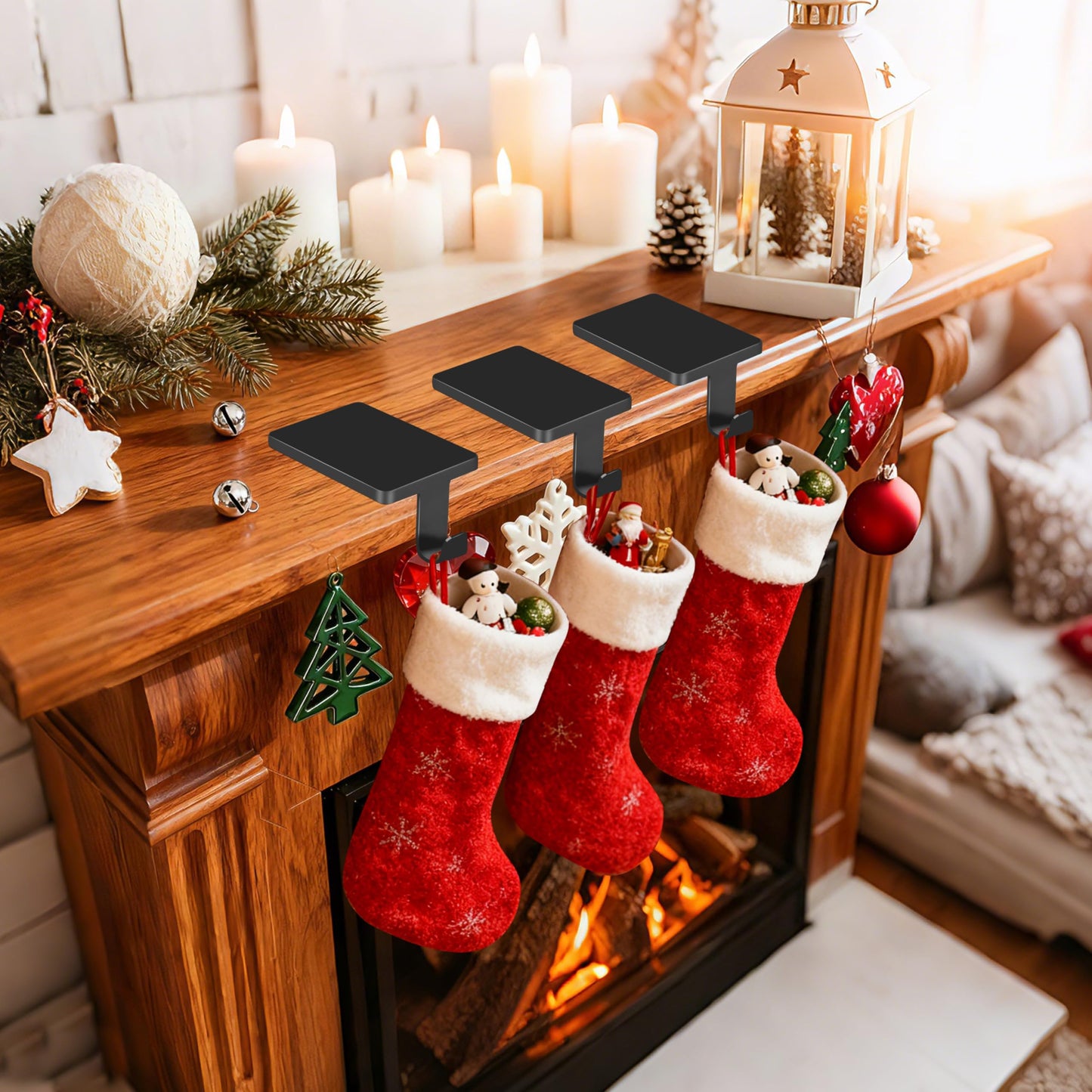 AMAZING TIME 6 Pcs Black Christmas Metal Stocking Holders, Non-Slip Heavy Duty Mantle Hangers Weighted Iron Hooks for Fireplace Tabletop Shelf Xmas Holiday Decoration